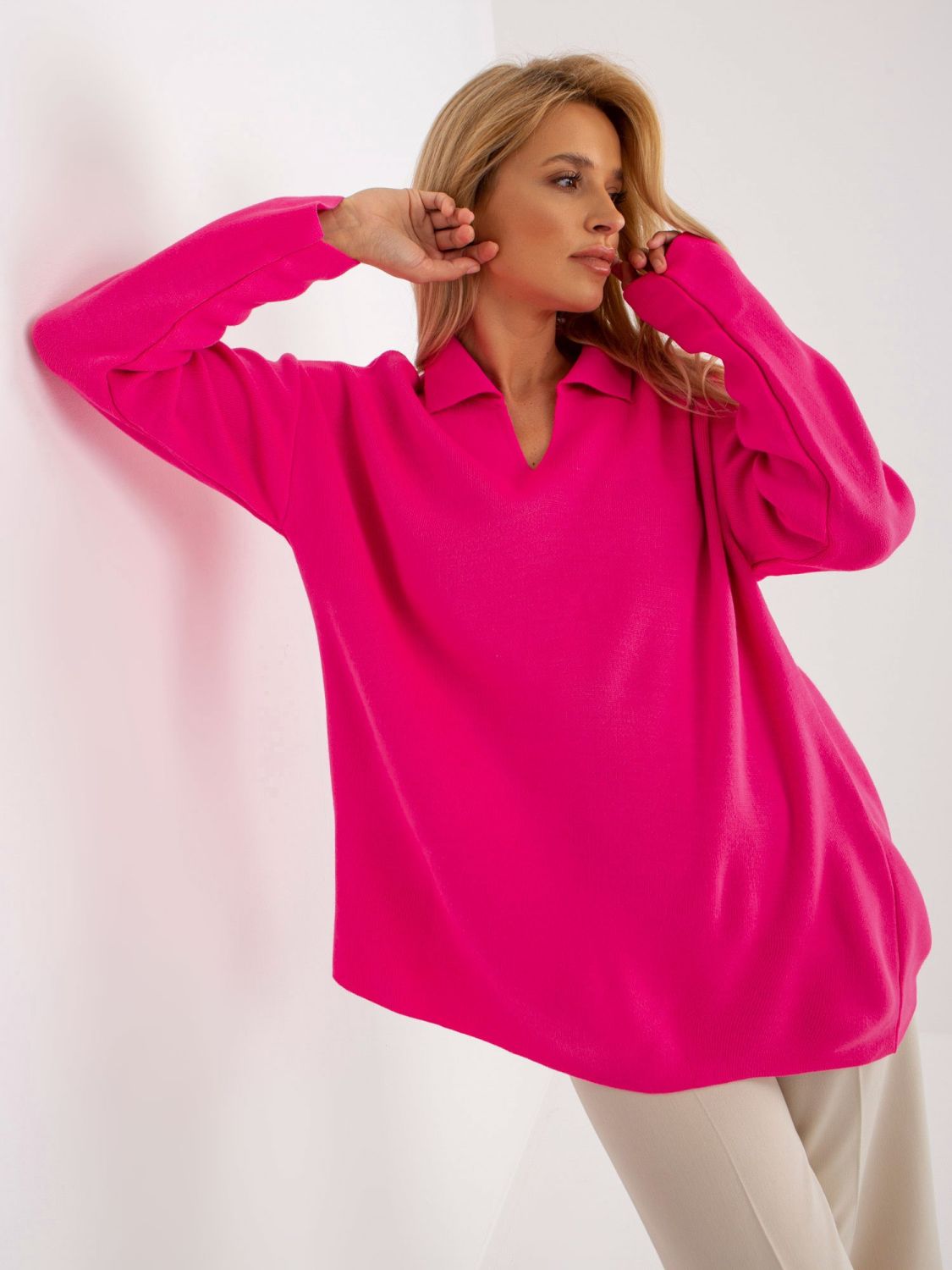 Fluo rosa Damen Oversize Pullover mit Kragen RUE PARIS