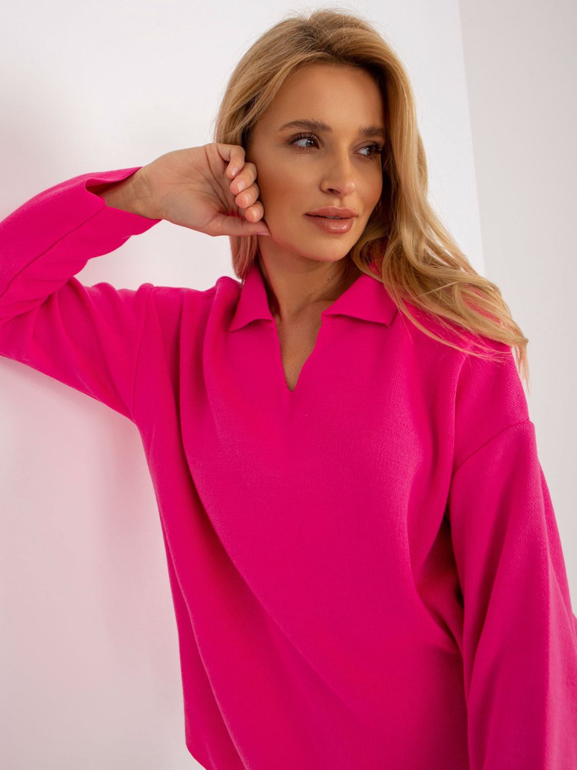 Fluo rosa Damen Oversize Pullover mit Kragen RUE PARIS