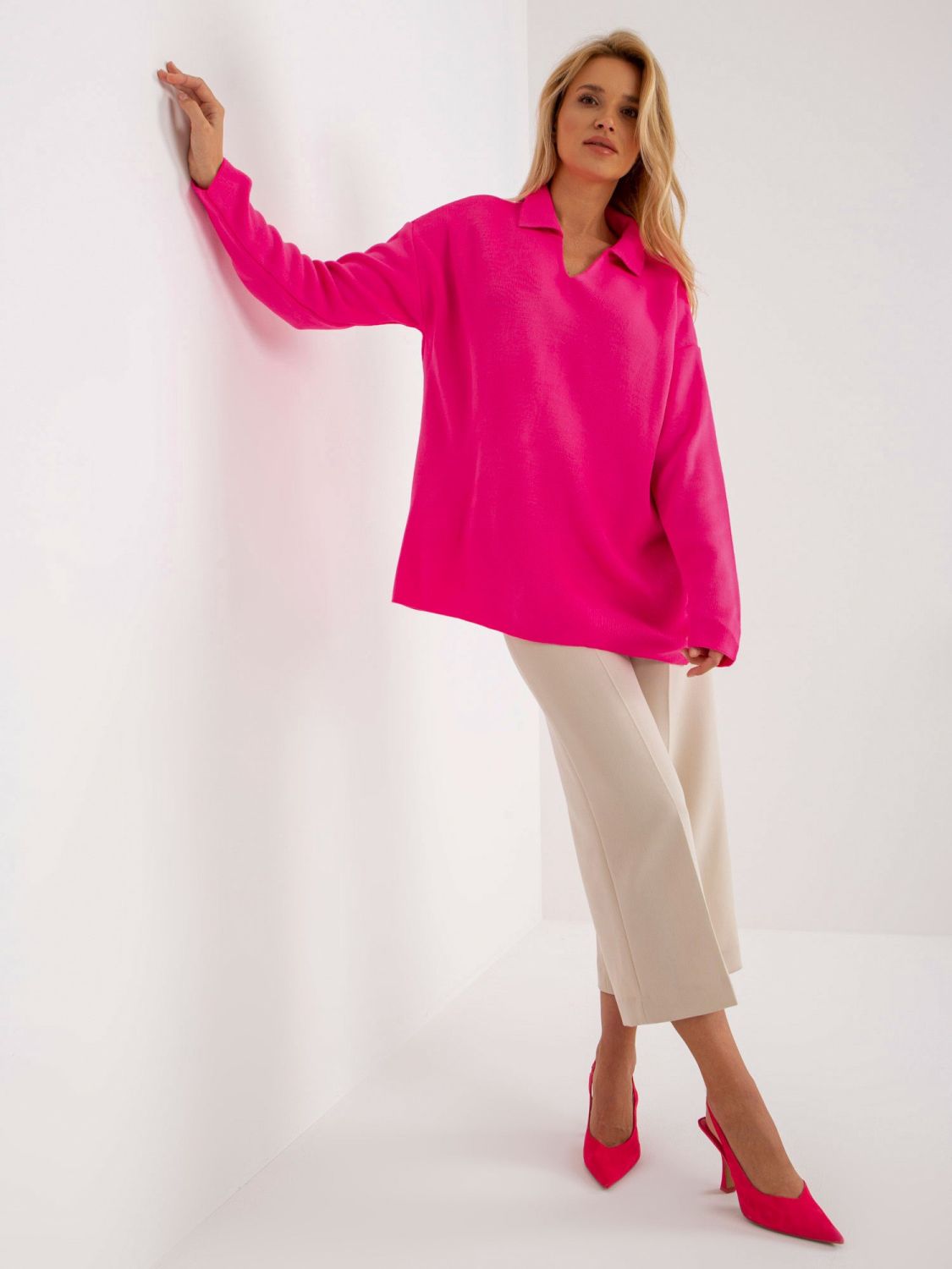 Fluo rosa Damen Oversize Pullover mit Kragen RUE PARIS