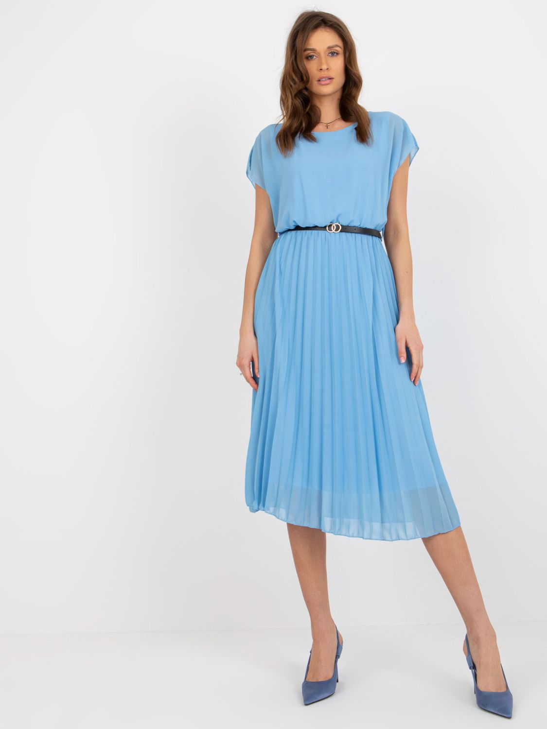 Himmelblaue ausgestellte Kleid mit Falten