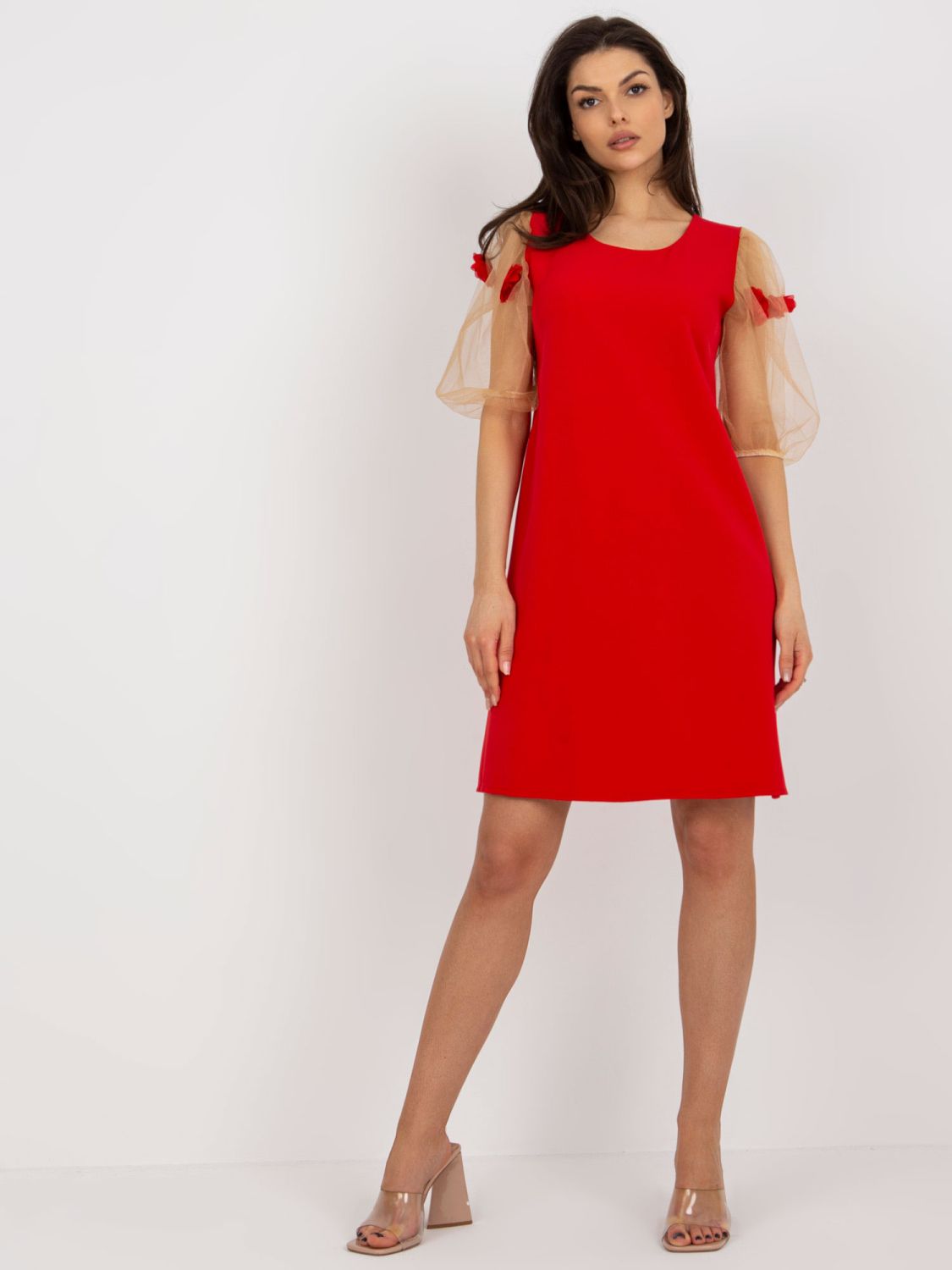Rotes Cocktailkleid mit 3D-Blumen