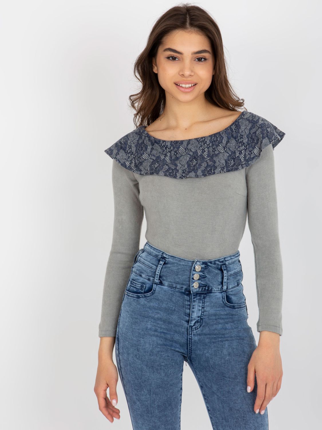 Grau-navy Bluse mit Spitzen-Boot-Ausschnitt