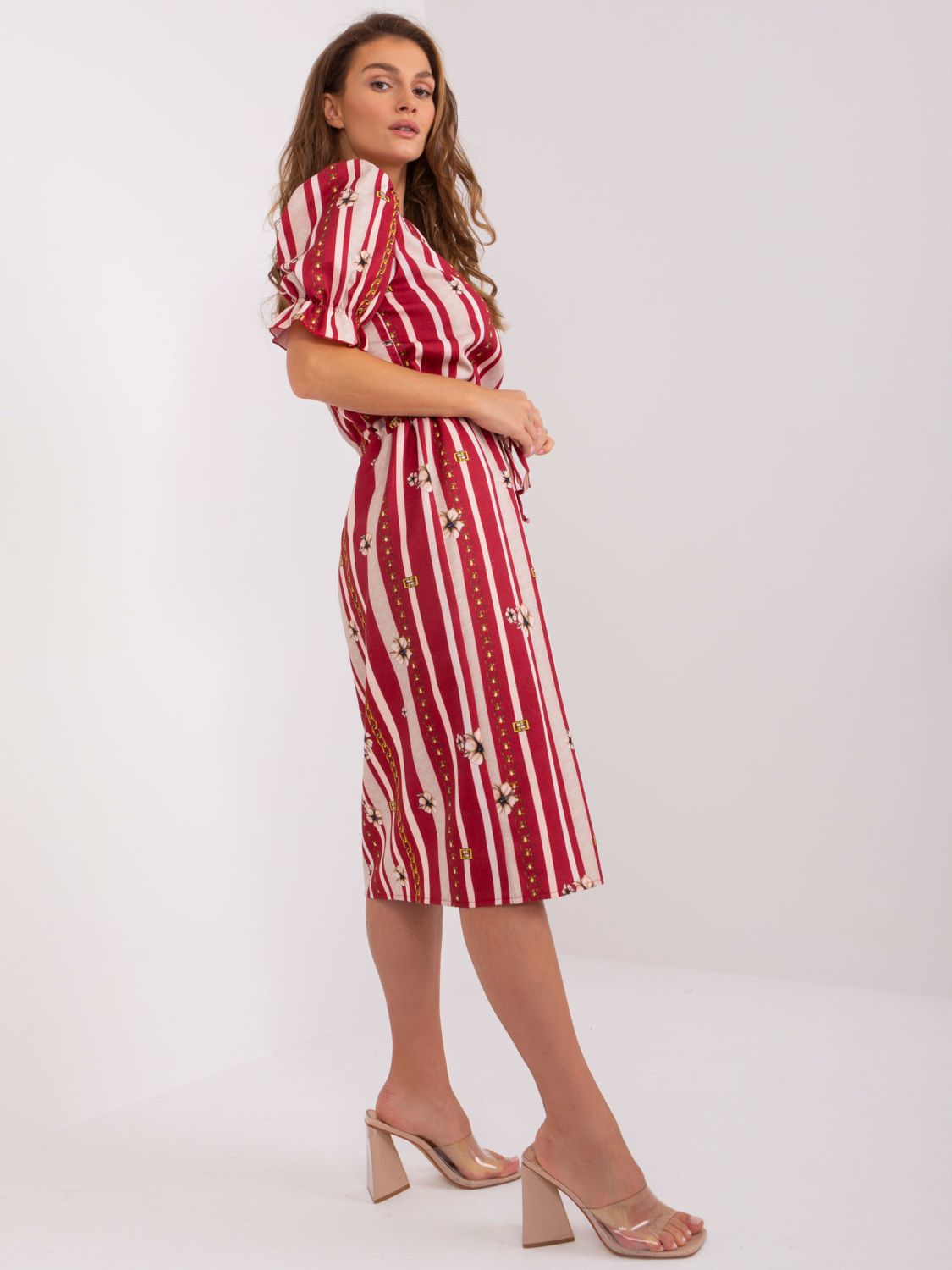 Bordeaux Midi Kleid mit Druck und Raffung