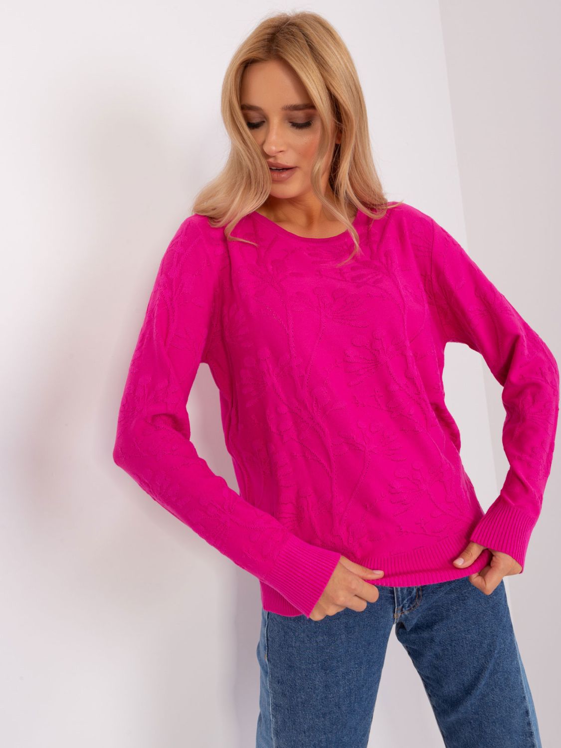 Fuchsia klassischer Pullover mit Rippbündchen