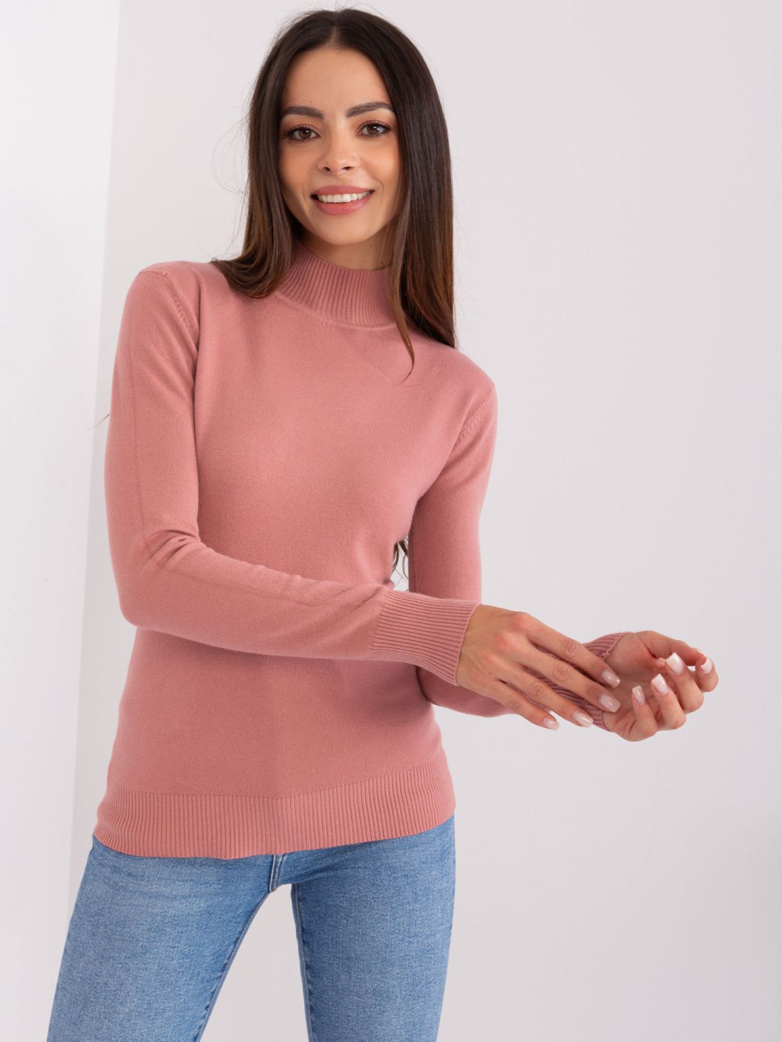 Rosa figurbetonte Strickpullover mit Rollkragen