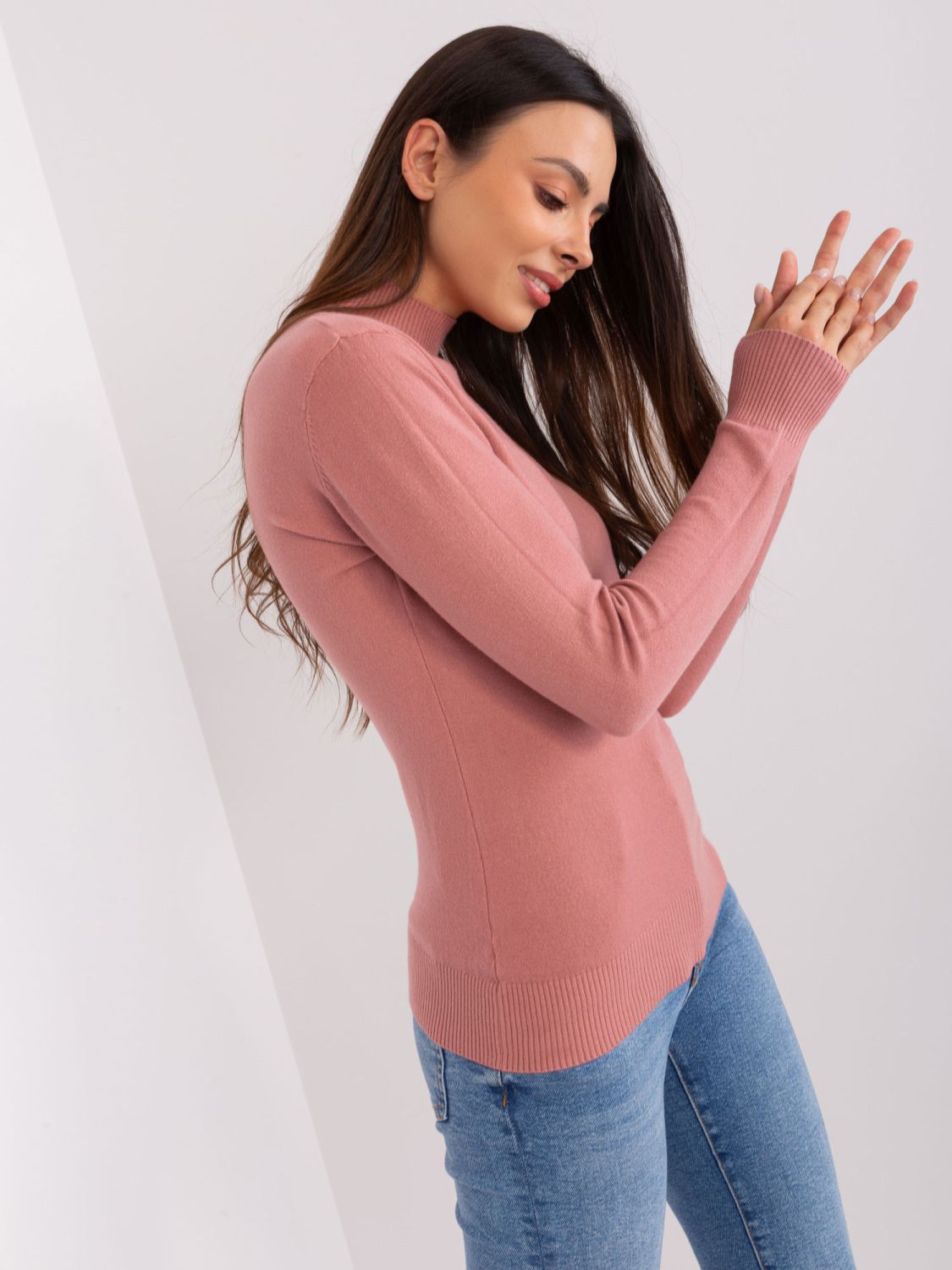 Rosa figurbetonte Strickpullover mit Rollkragen