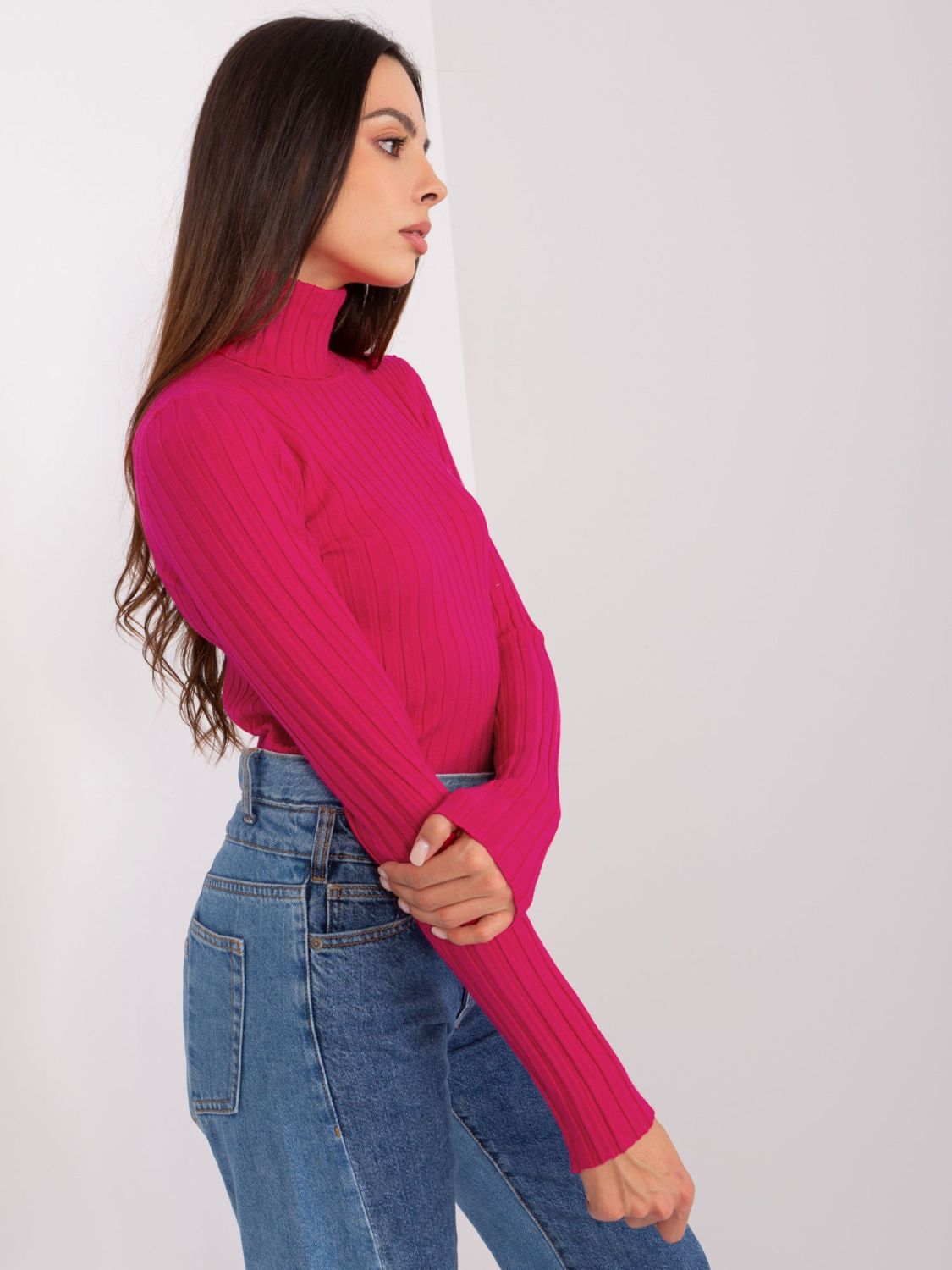 Fuchsia gestreifter Pullover mit Rollkragen
