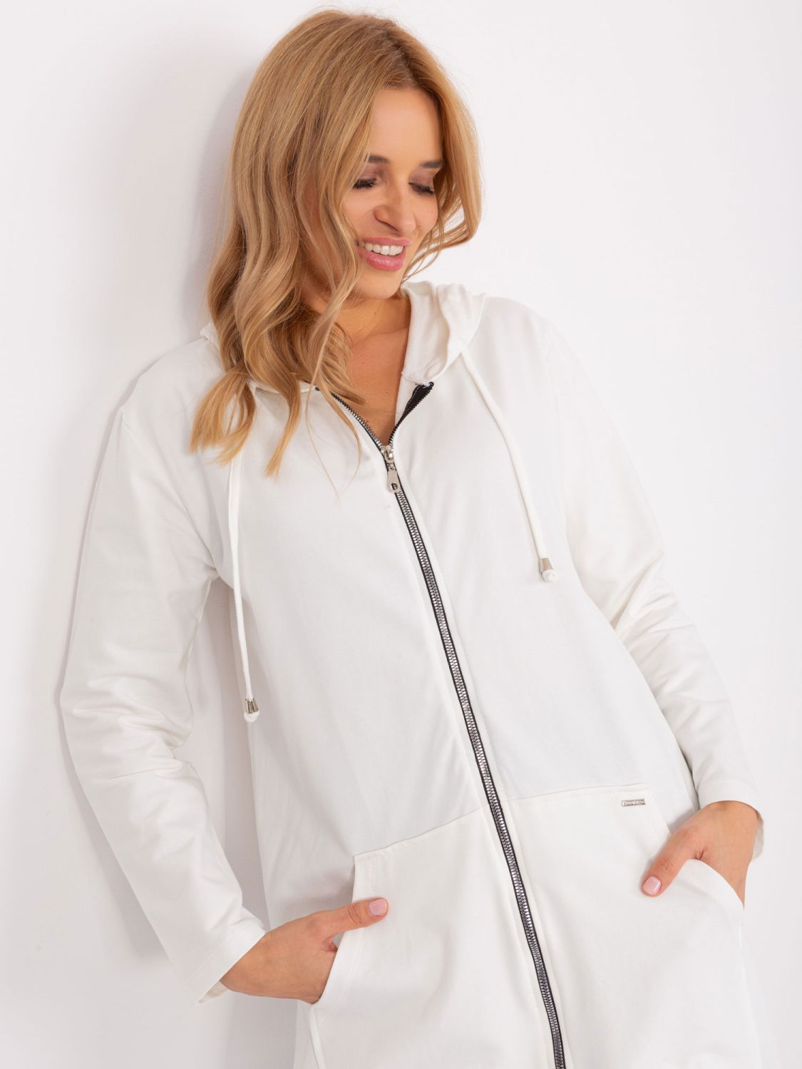 Ecru lange Reißverschlussjacke aus Baumwolle