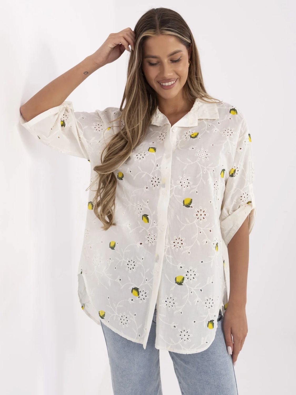 Elegante ecru Bluse mit 3/4-Ärmeln