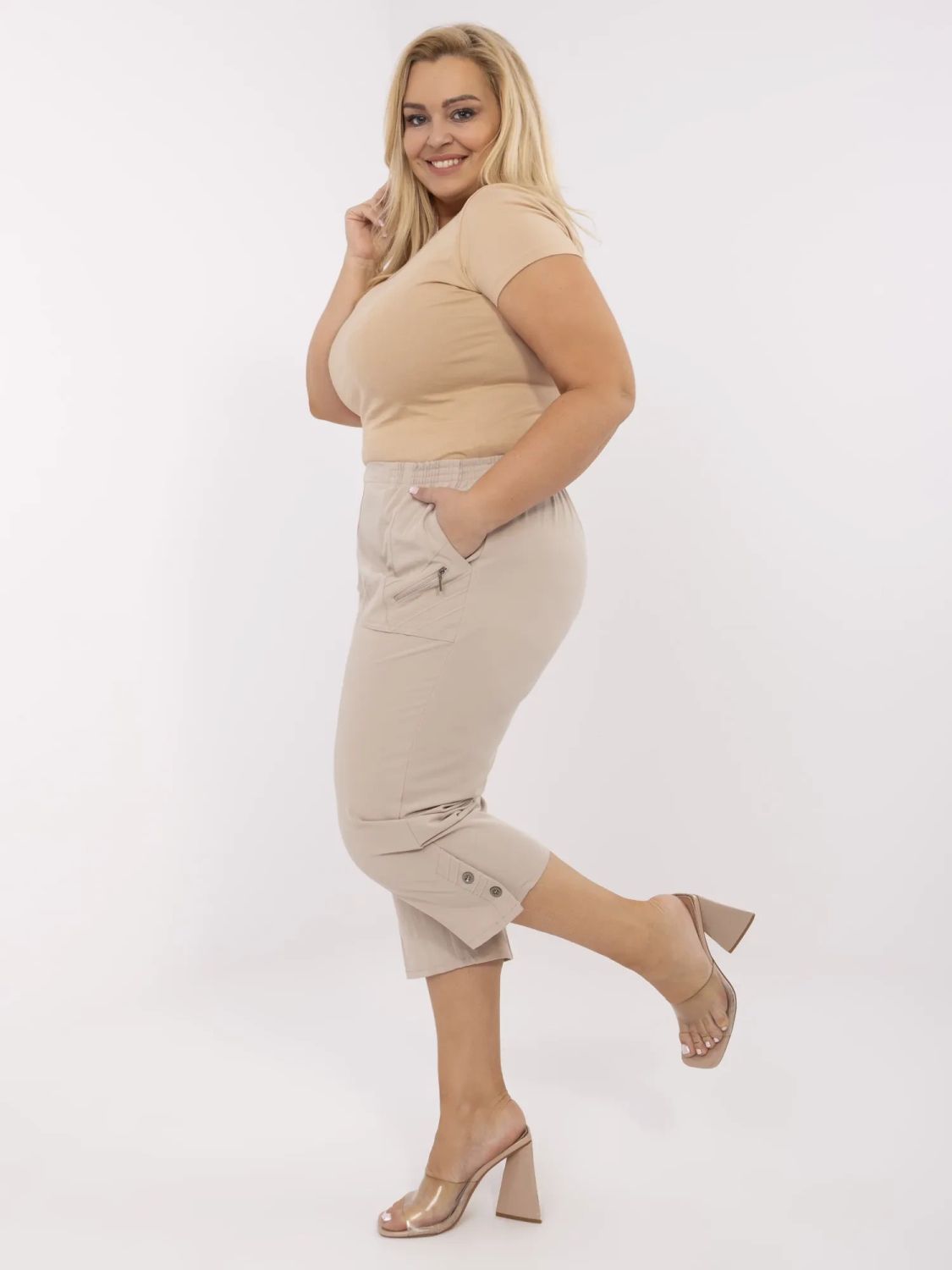 Beige Damenhose mit hohem Bund