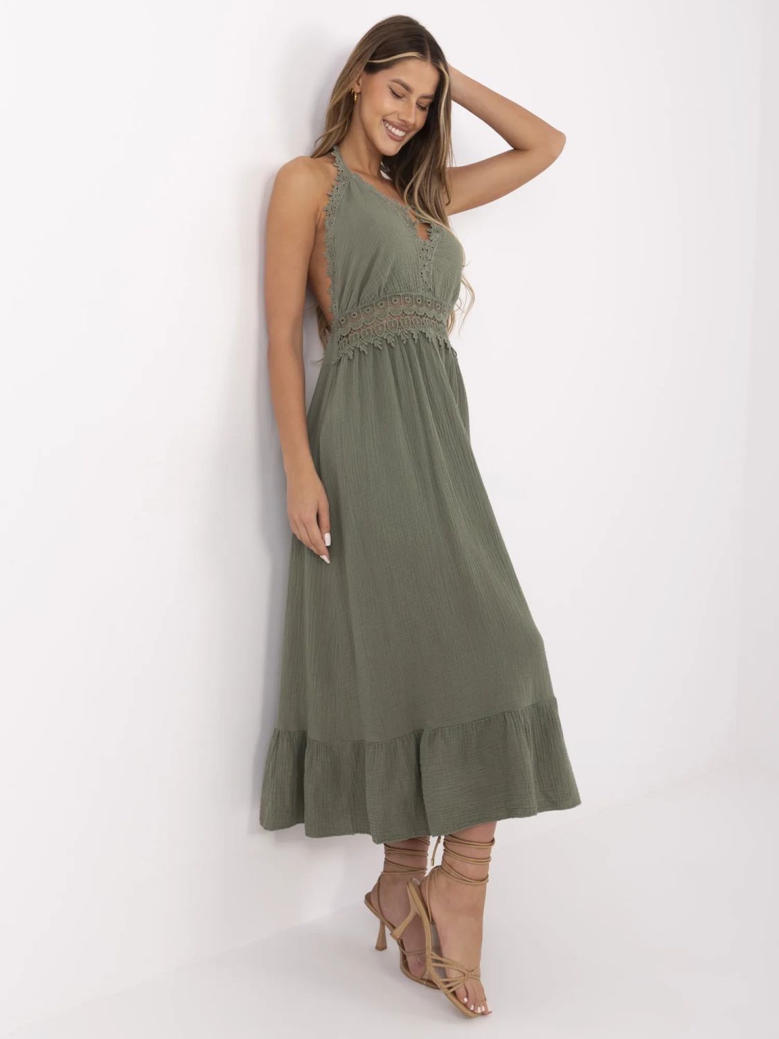 Kleid mit Volants in Khaki