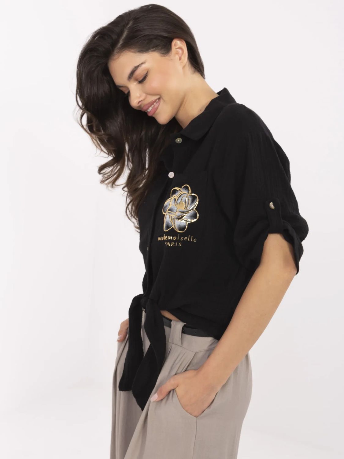 Stilvolle schwarze Bluse mit 3/4-Ärmeln