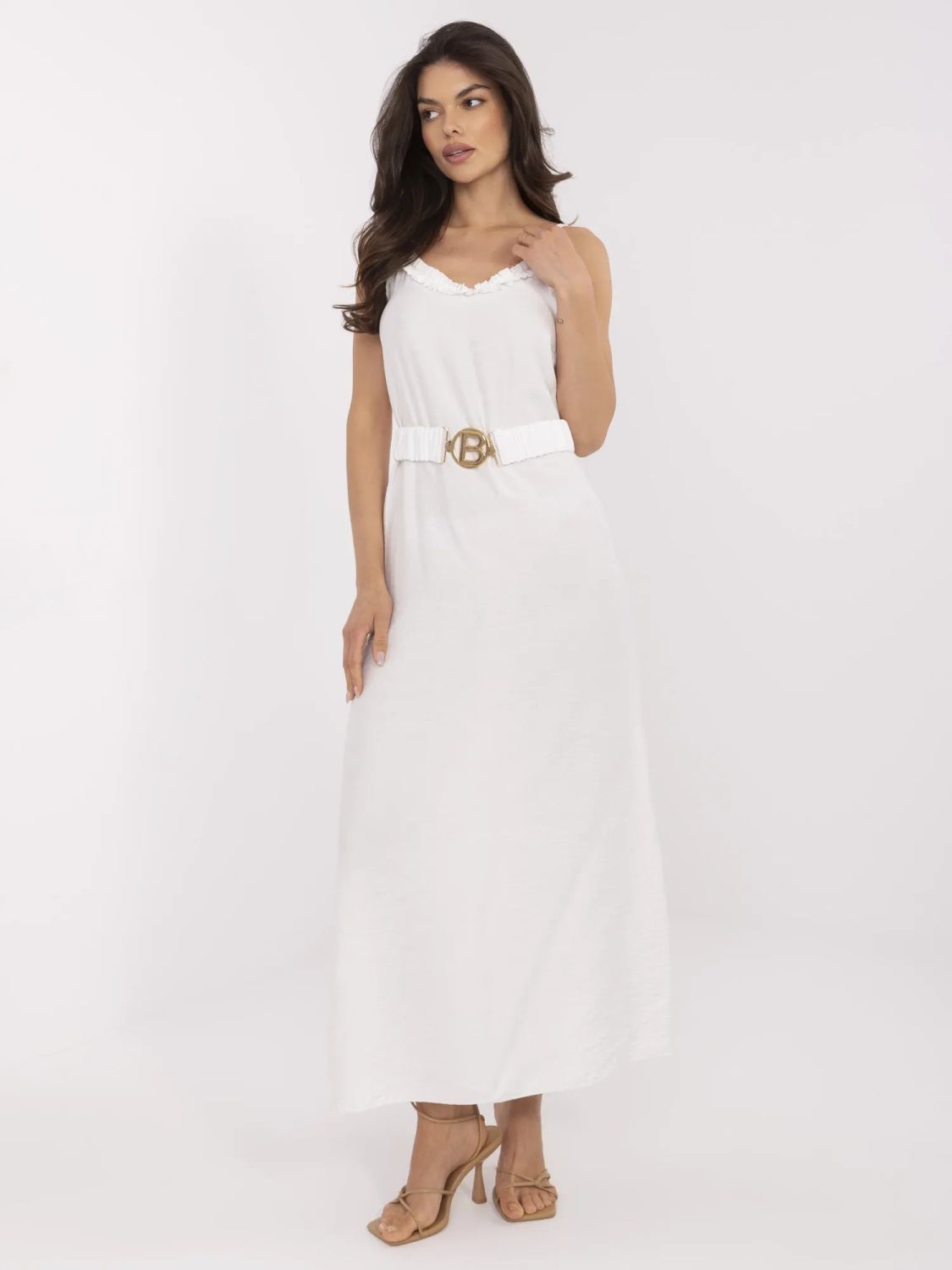 Maxikleid mit Gürtel in Ecru