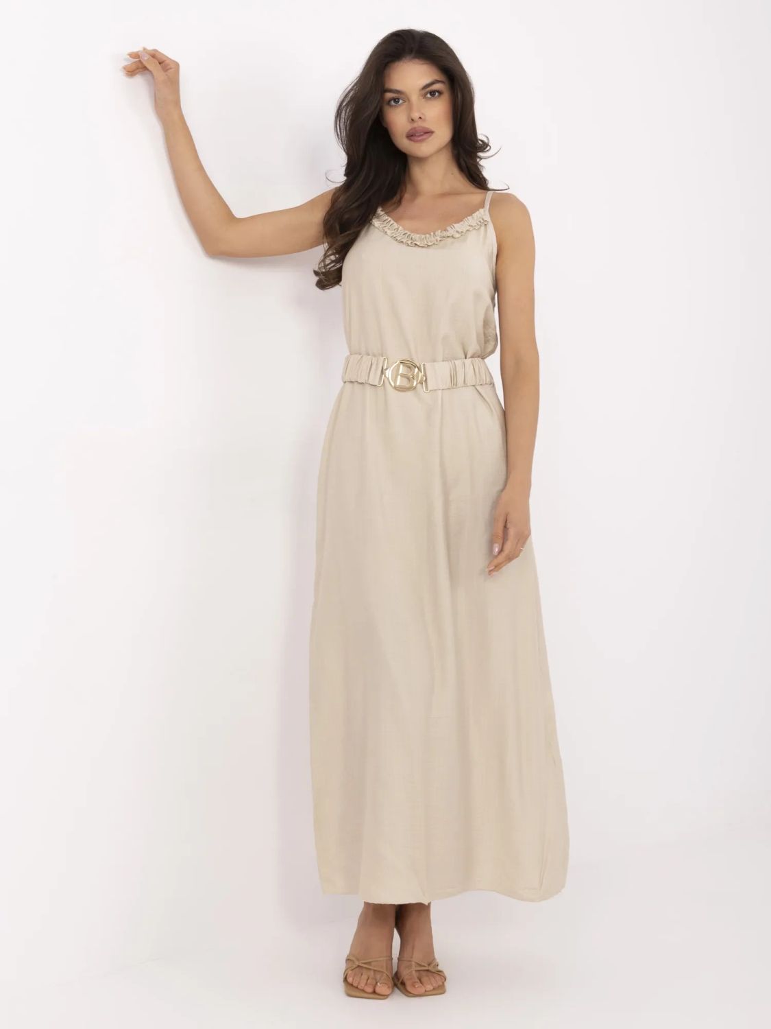 Beige Maxikleid mit Gürtel