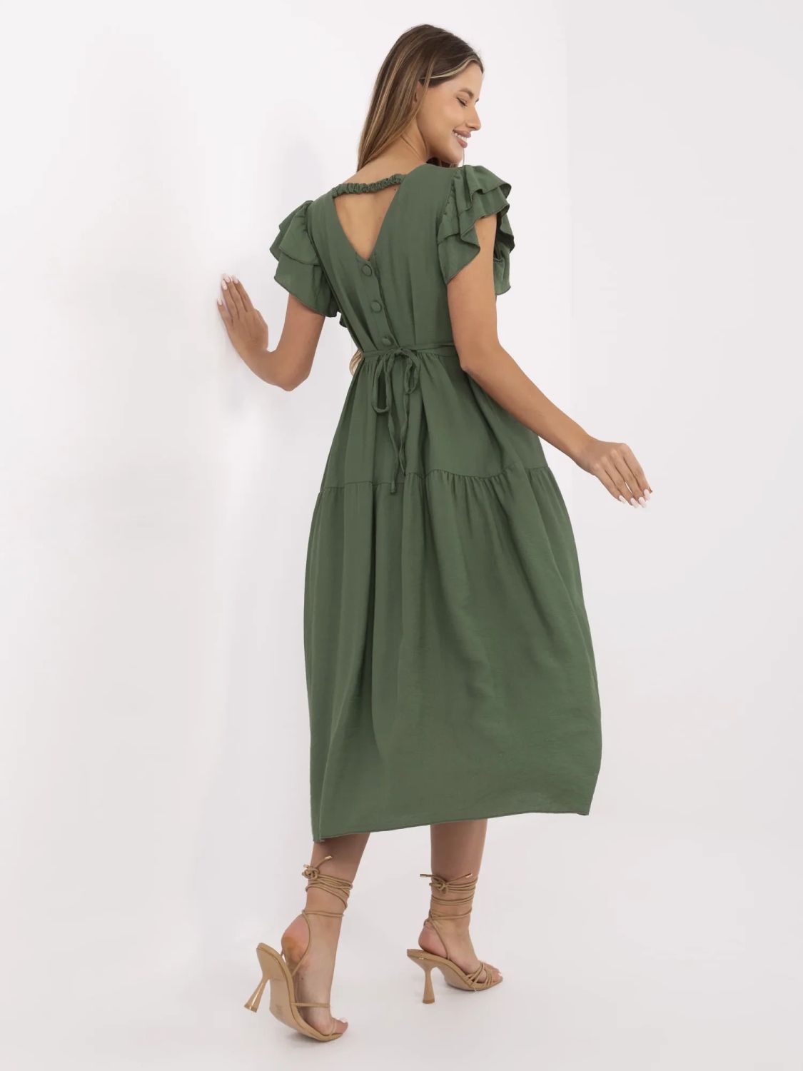 Khaki ausgestellte Kleid mit V-Ausschnitt