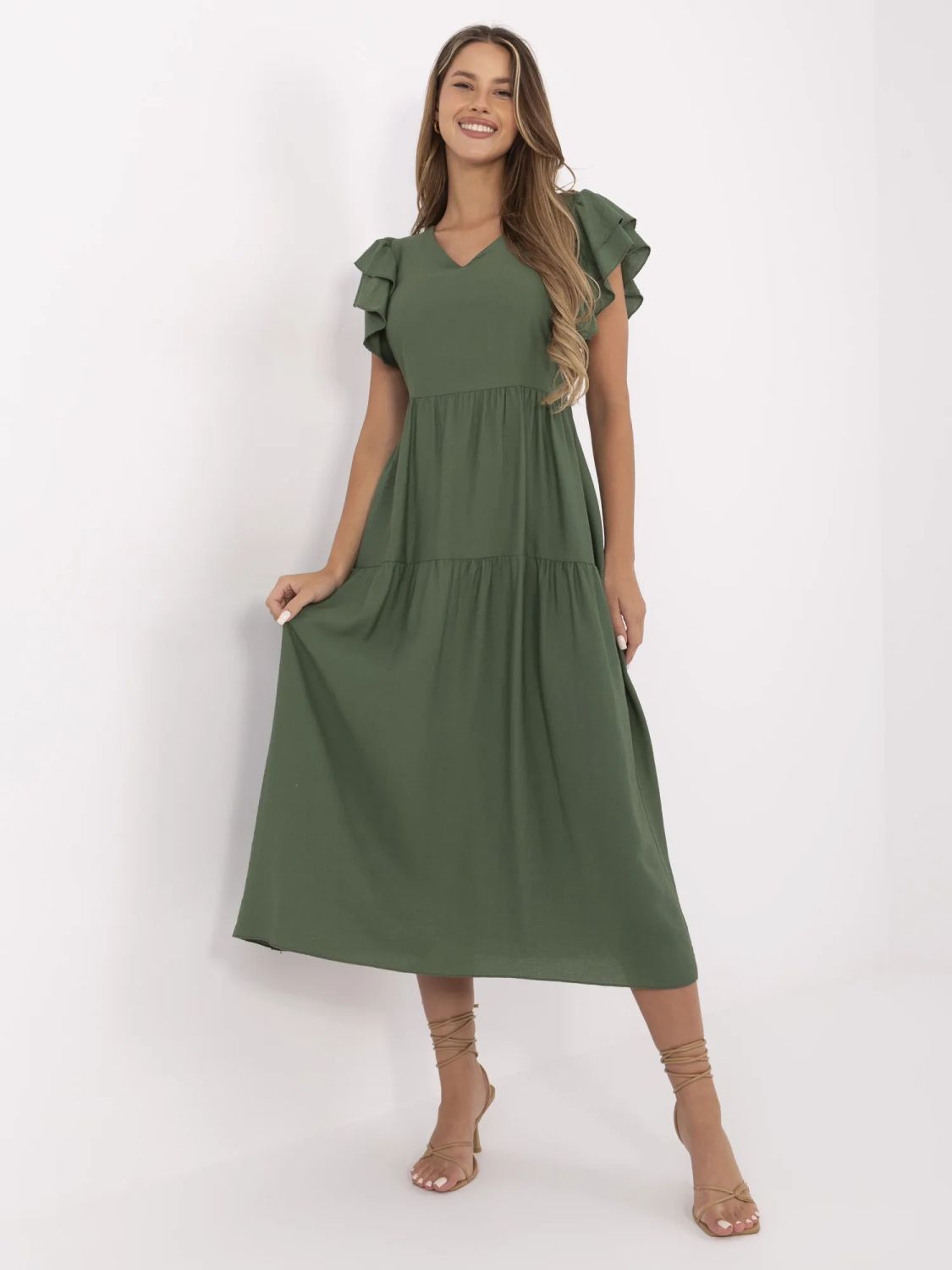 Khaki ausgestellte Kleid mit V-Ausschnitt