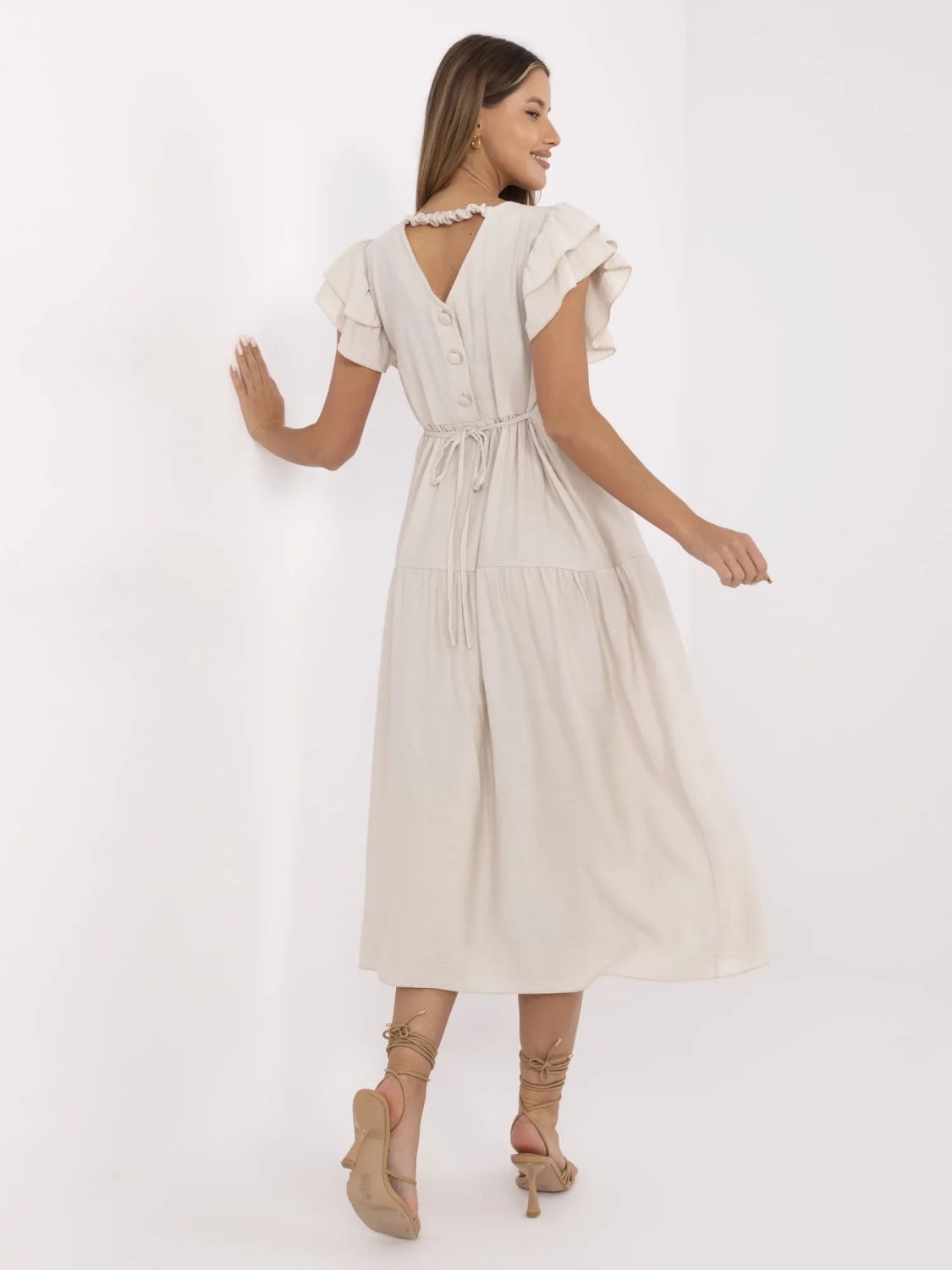 Beige ausgestellte Kleid mit V-Ausschnitt