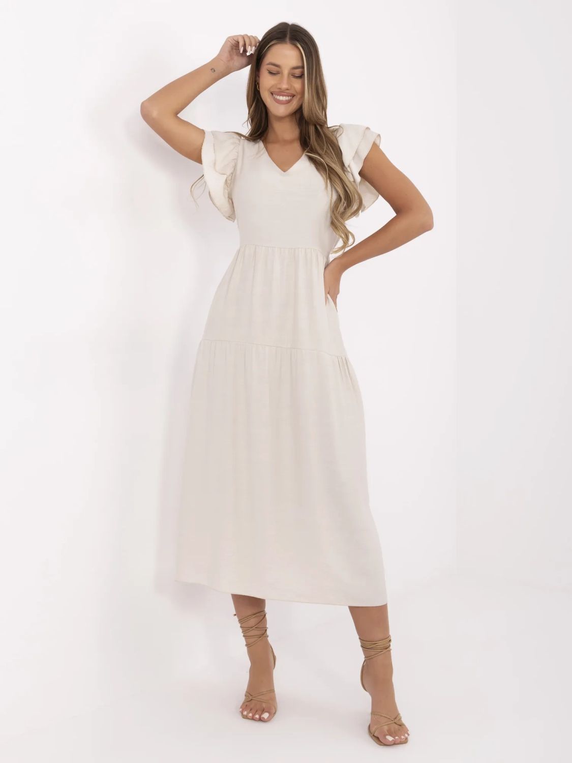 Beige ausgestellte Kleid mit V-Ausschnitt