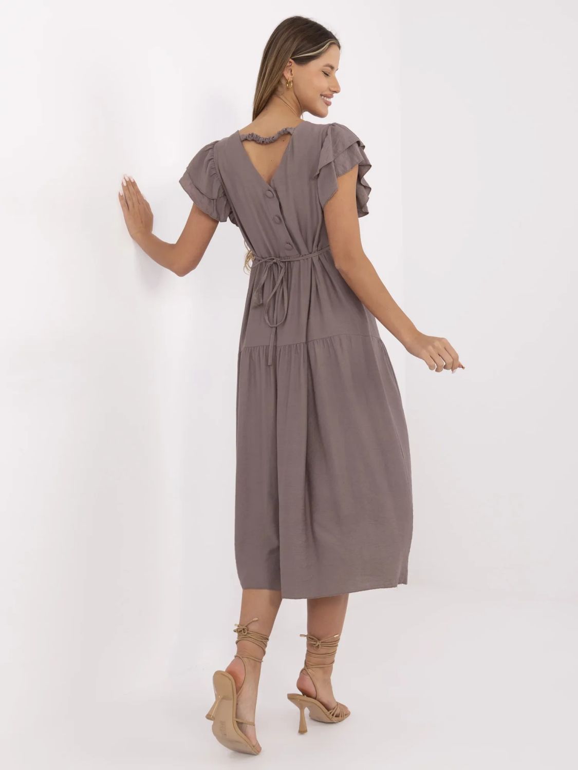 Beige ausgestellte Kleider mit V-Ausschnitt