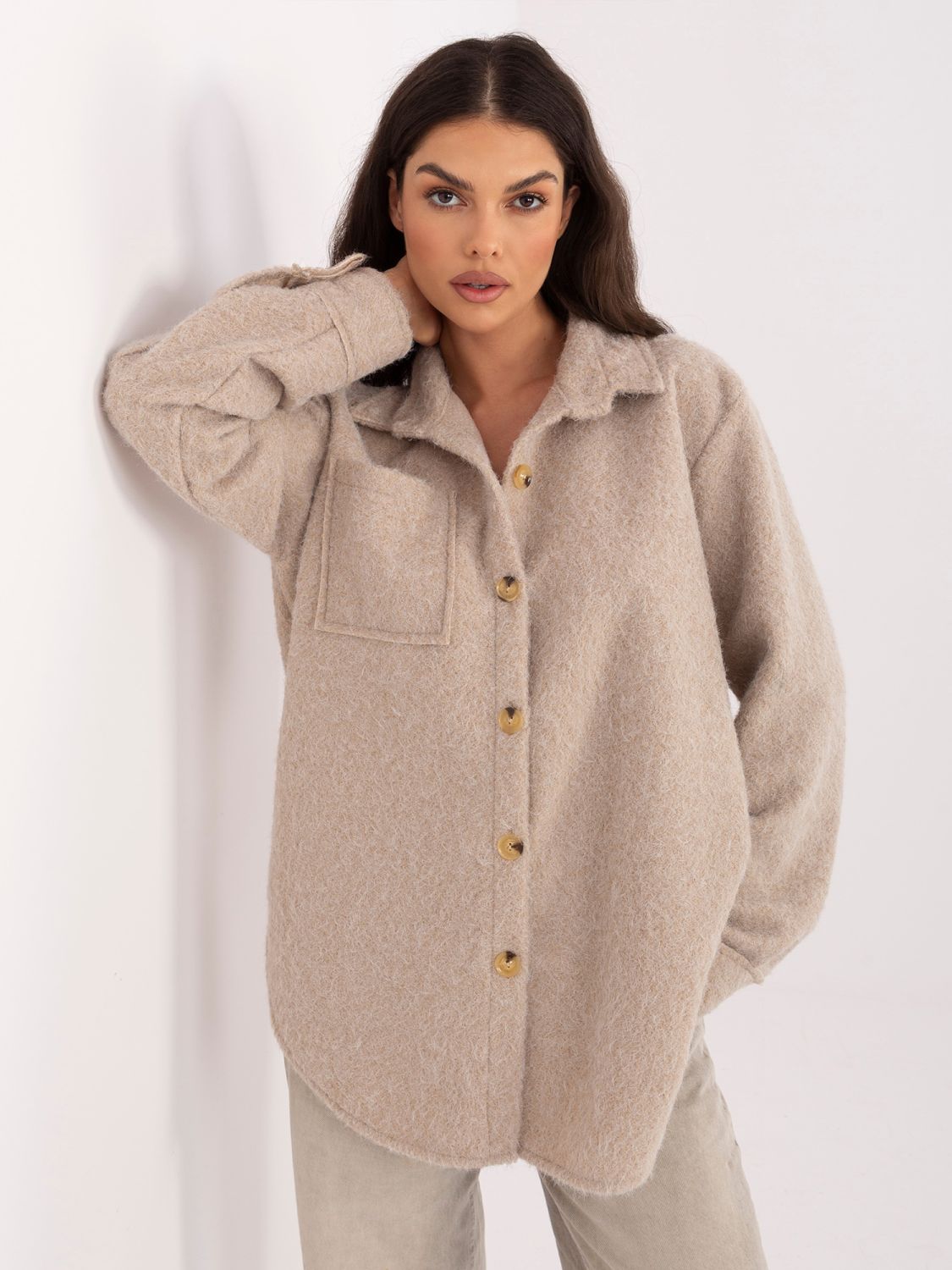 Beige Übergangsjacke mit Kragen und Taschen