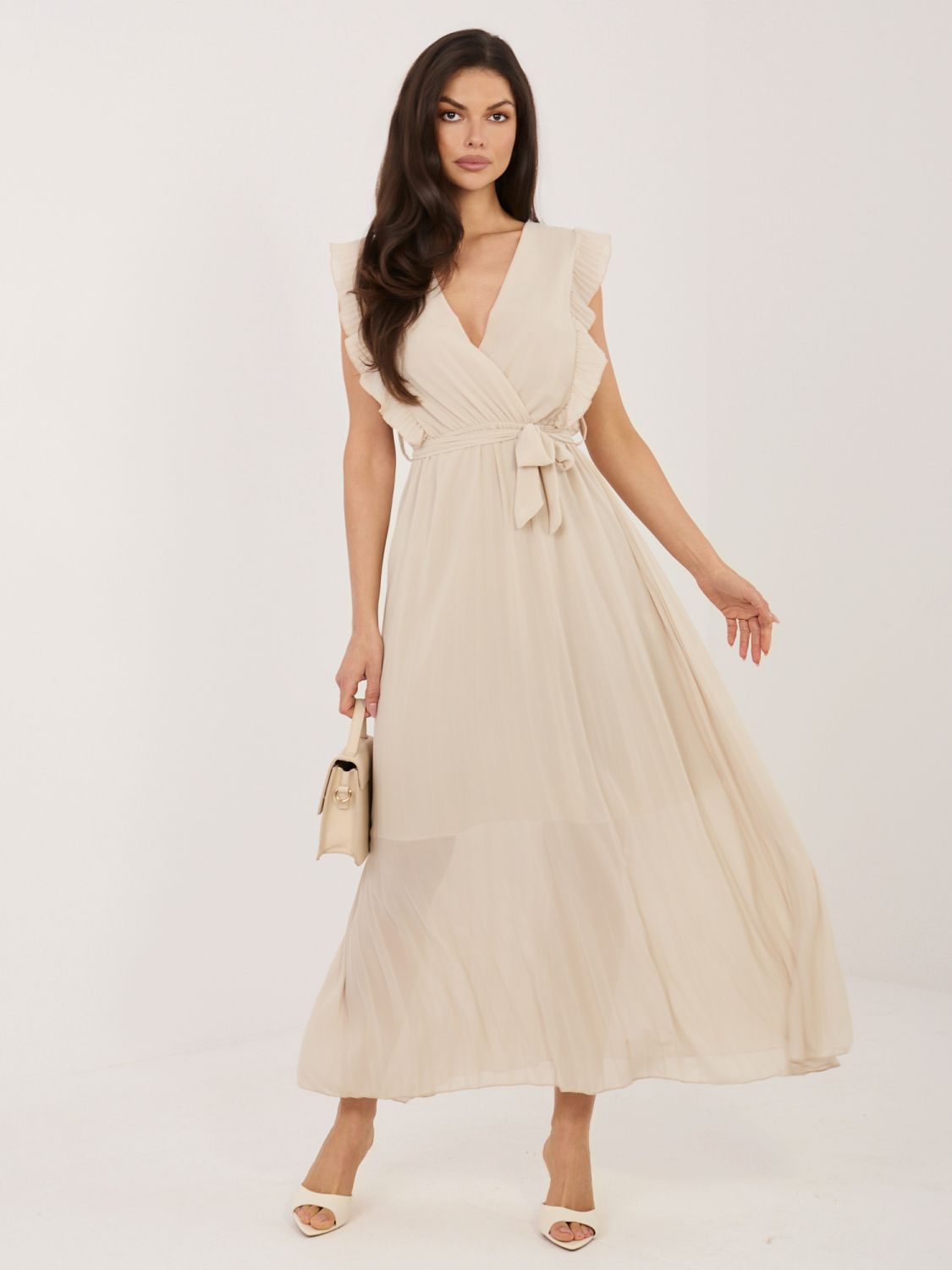 Beiges ausgestelltes Midi-Kleid mit Gürtel