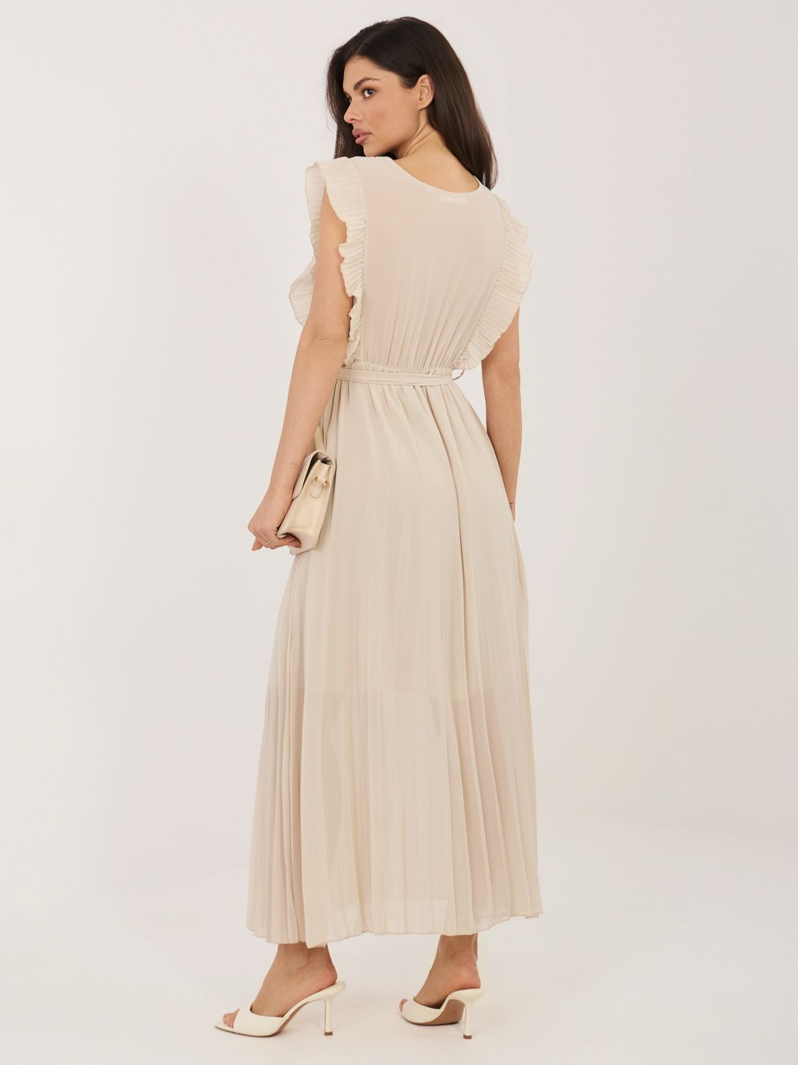 Beiges ausgestelltes Midi-Kleid mit Gürtel