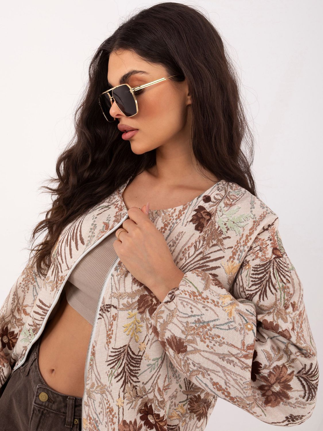 Braune geblümte Bomberjacke mit Futter