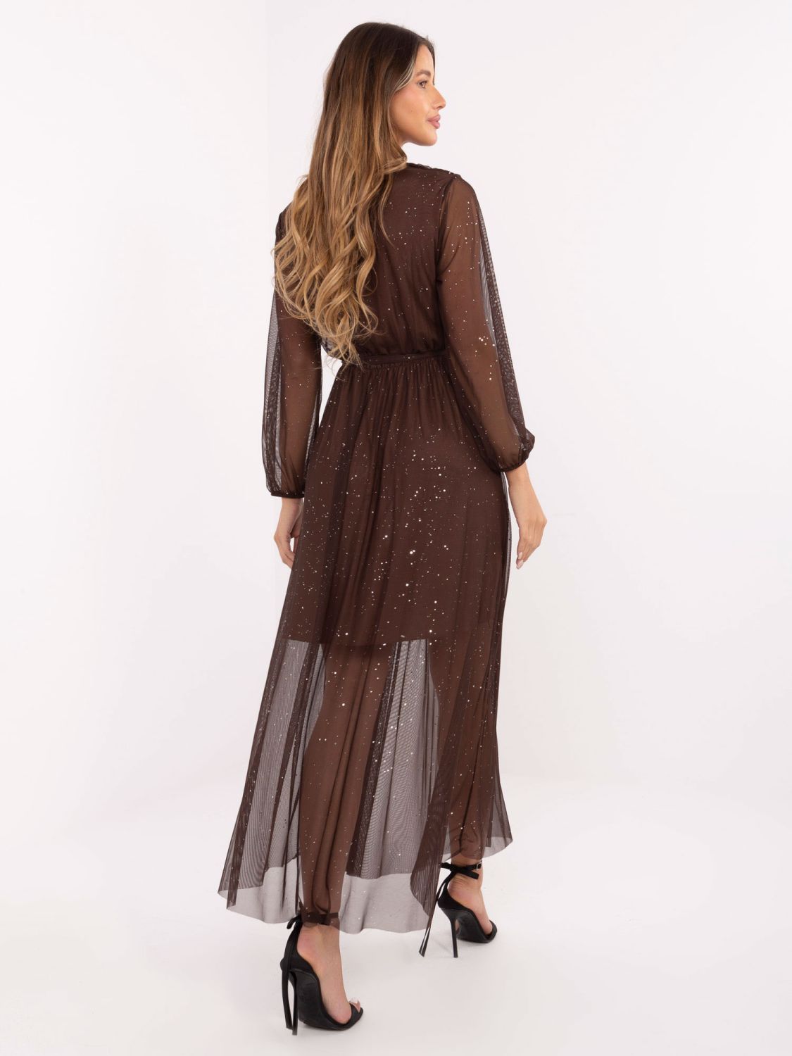 Braunes Maxi-Kleid mit Applikation und Gürtel