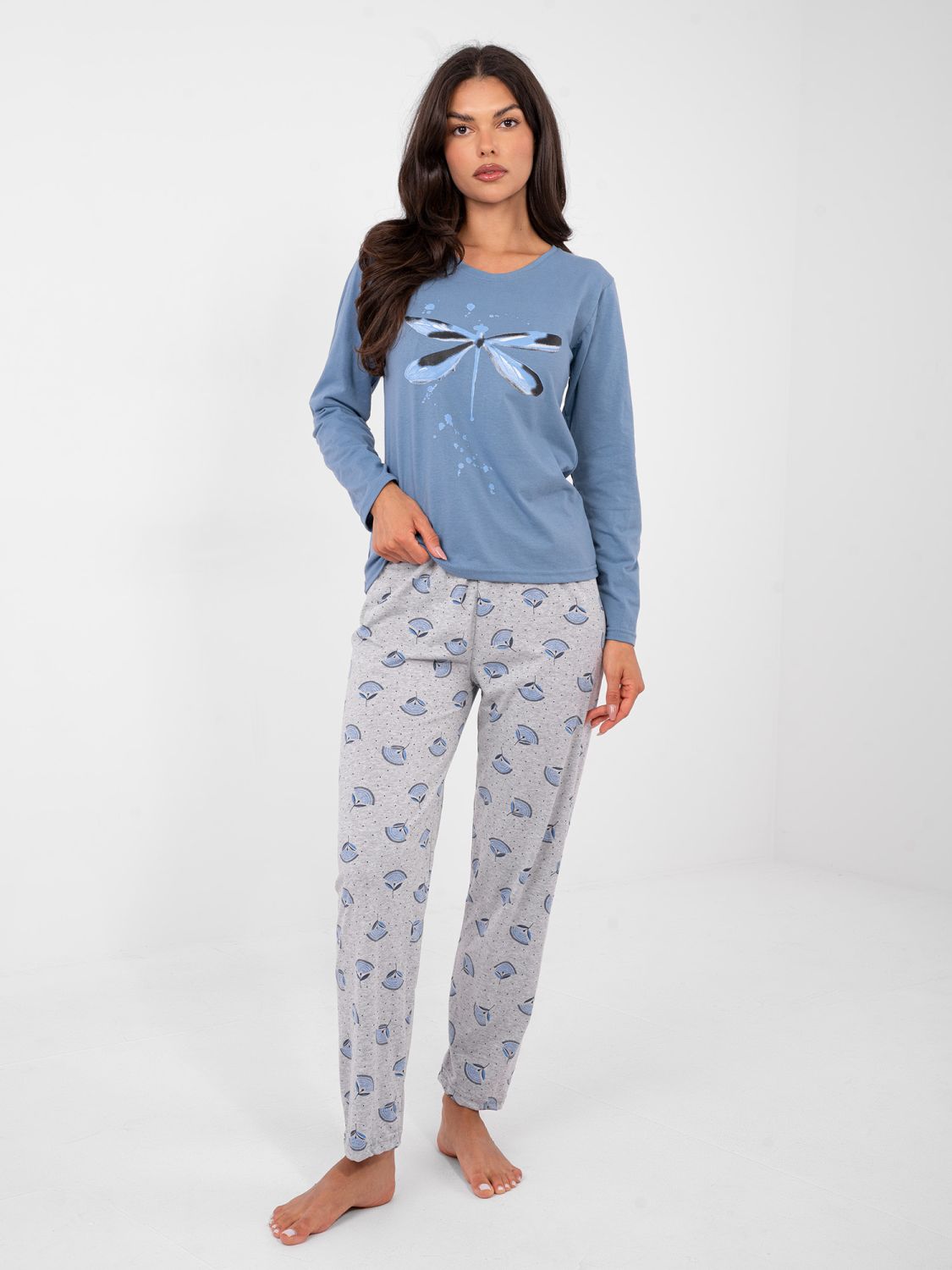 Damen-Baumwollpyjama mit Print und Knöpfen