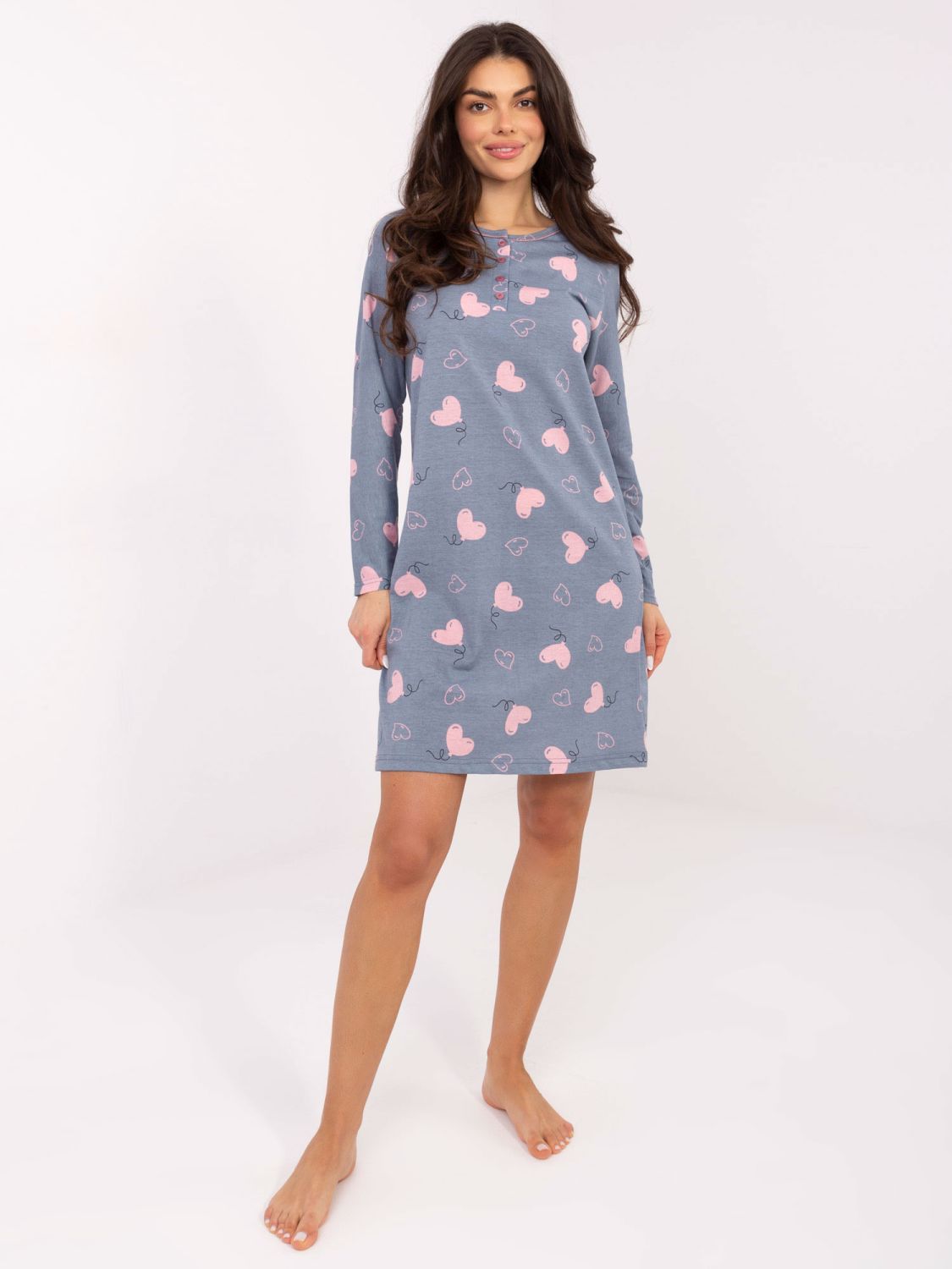 Damen-Nachthemd mit langen Ärmeln, dunkelblau, aus Baumwolle