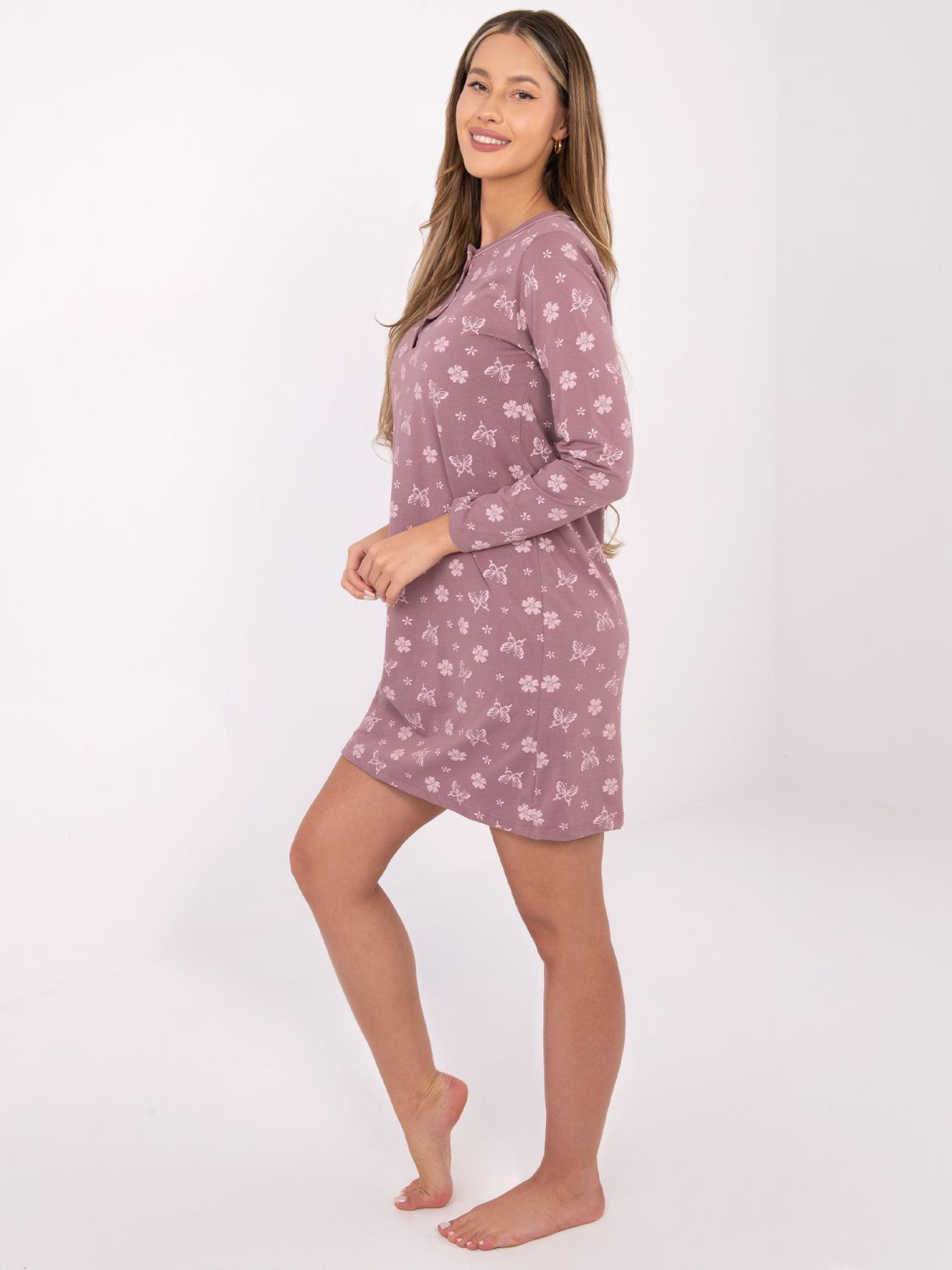 Damen-Nachthemd mit langen Ärmeln, dunkelrosa