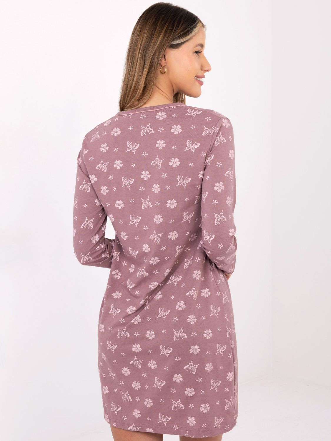 Damen-Nachthemd mit langen Ärmeln, dunkelrosa