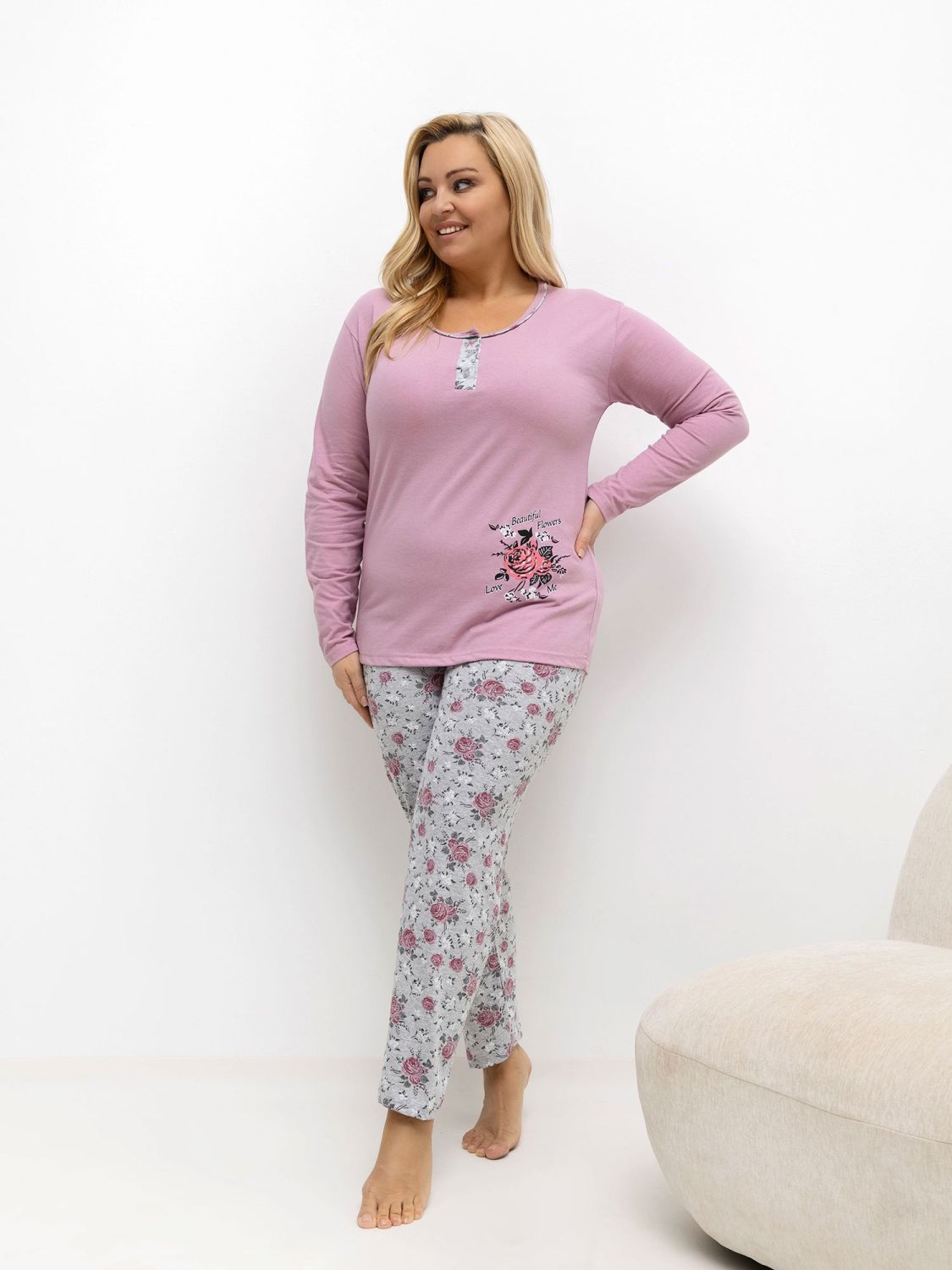 Damen-Pyjama mit Blumenmuster, langarm, rosa