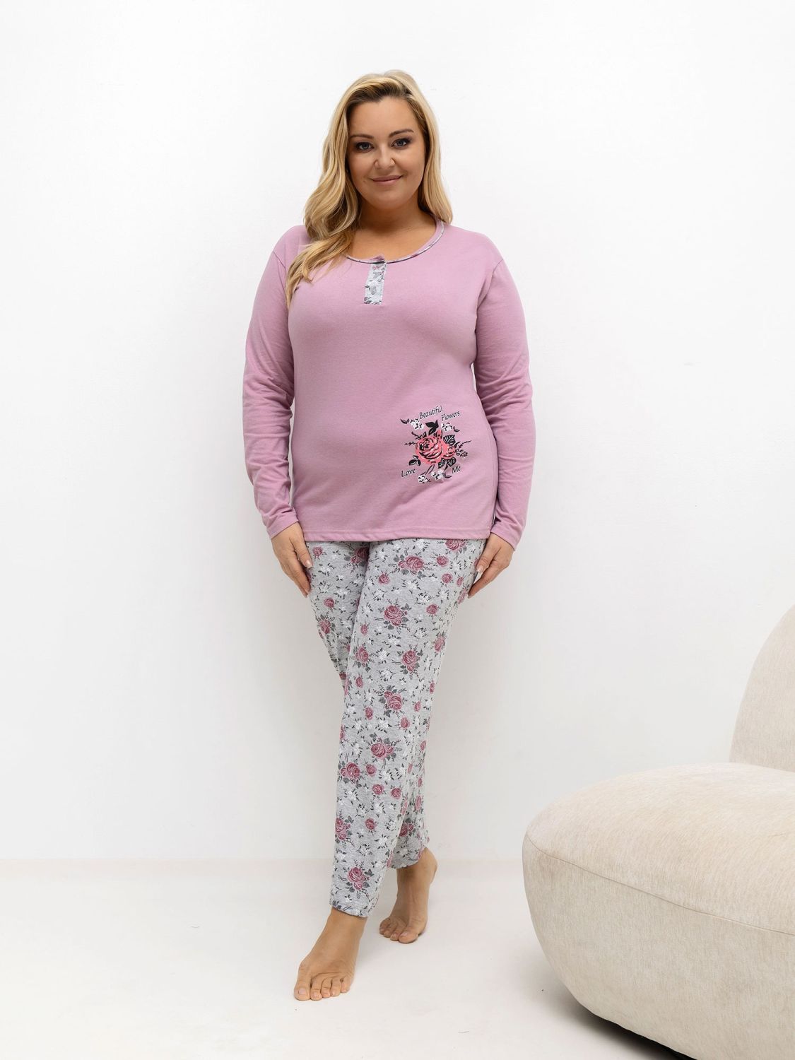 Damen-Pyjama mit Blumenmuster, langarm, rosa