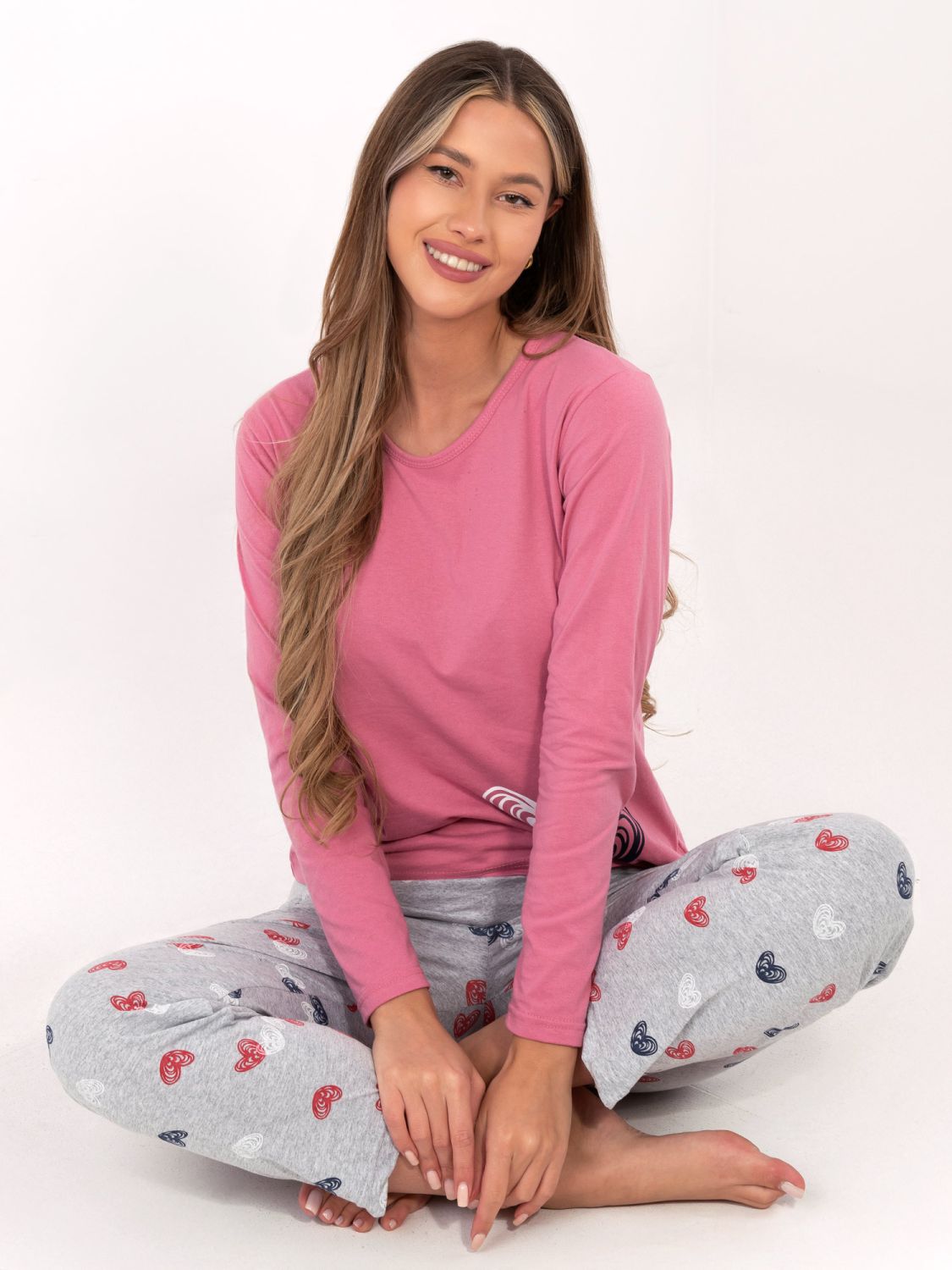 Damen Baumwoll-Pyjama mit Print, rosa