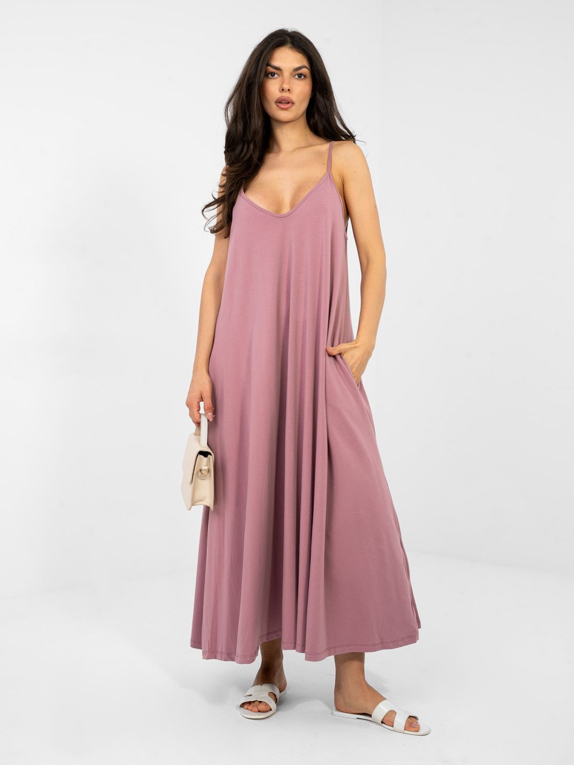 Maxi-Sommerkleid mit V-Ausschnitt und Taschen, dunkelrosa
