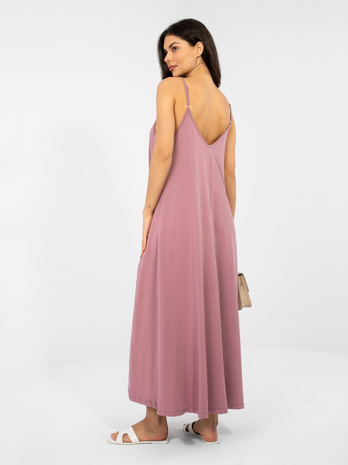 Maxi-Sommerkleid mit V-Ausschnitt und Taschen, dunkelrosa