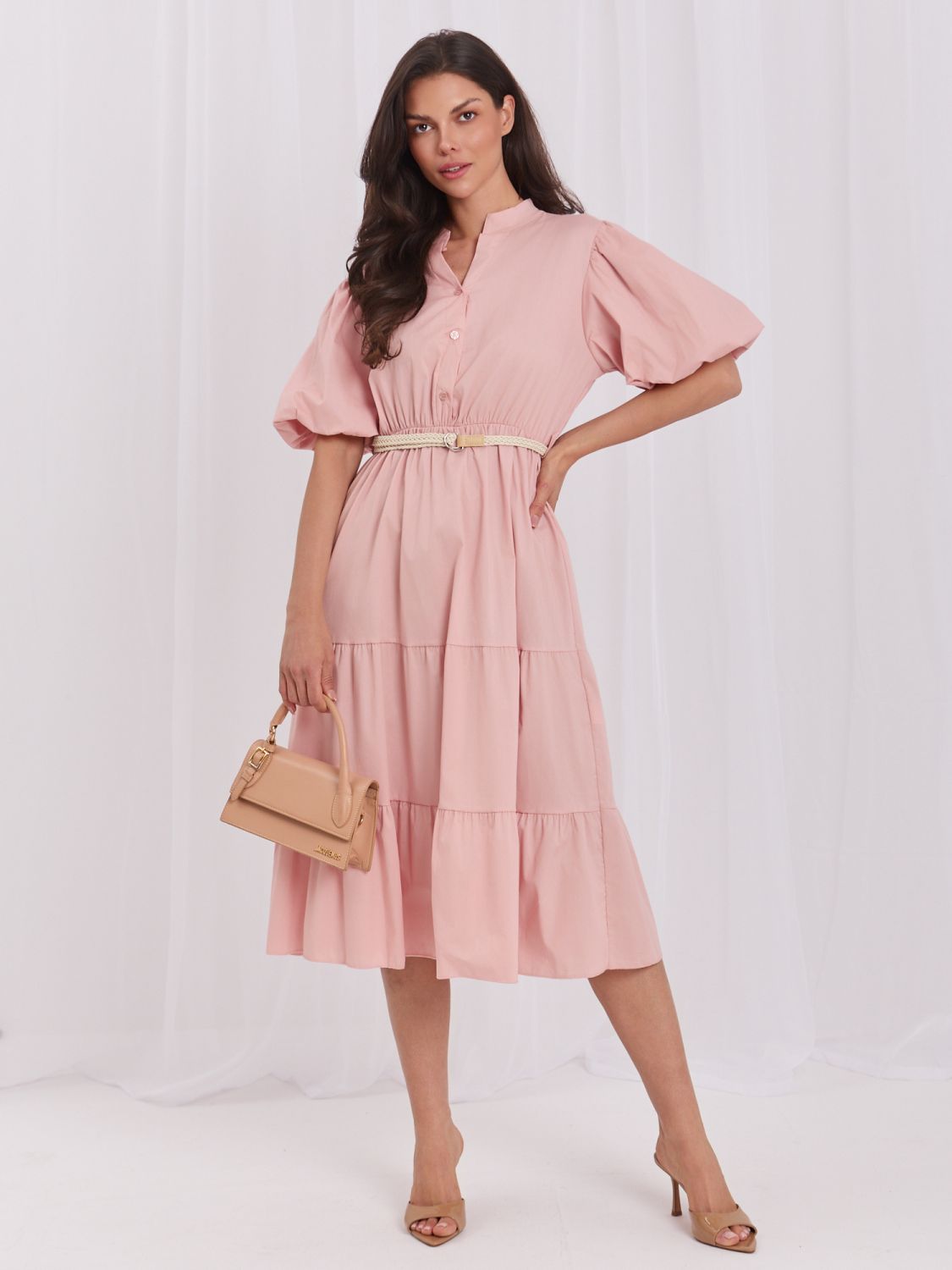 Oranges ausgestelltes Midi-Kleid mit Gürtel und Volant