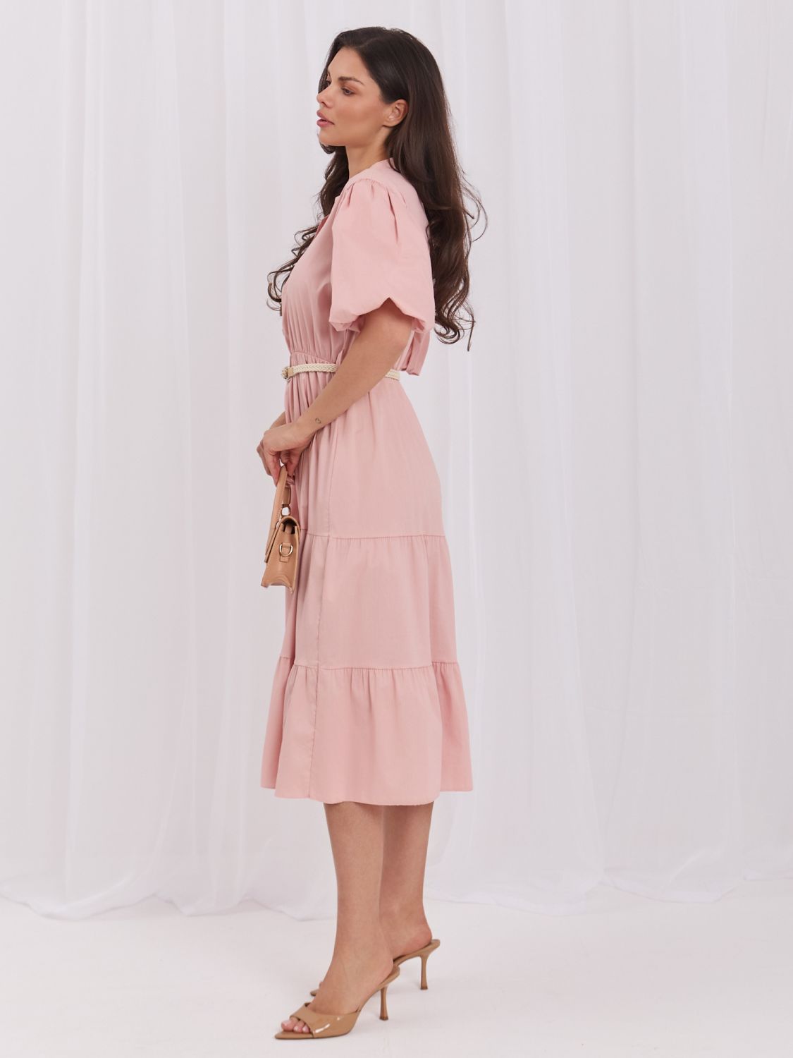 Oranges ausgestelltes Midi-Kleid mit Gürtel und Volant