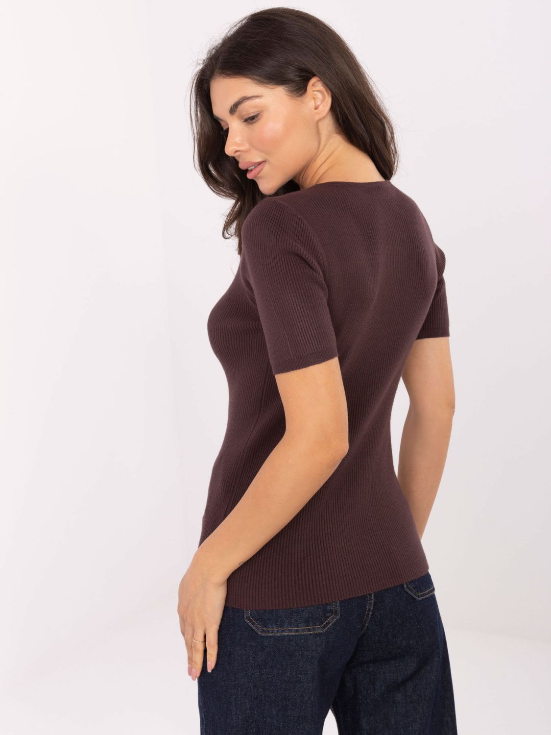 Brauner Rippstrickpullover mit V-Ausschnitt