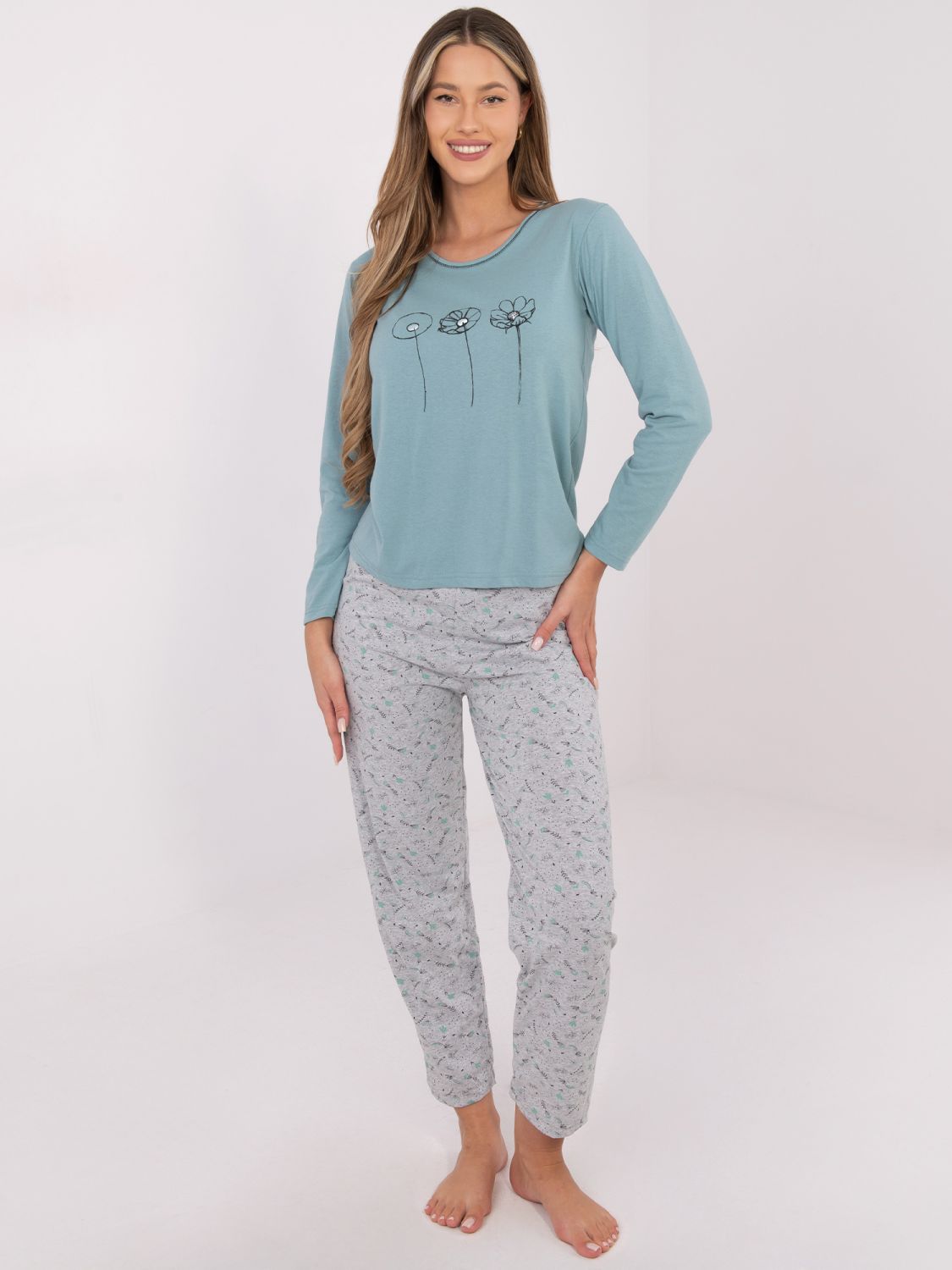 Damen Baumwoll-Pyjama mit Print, mintgrün