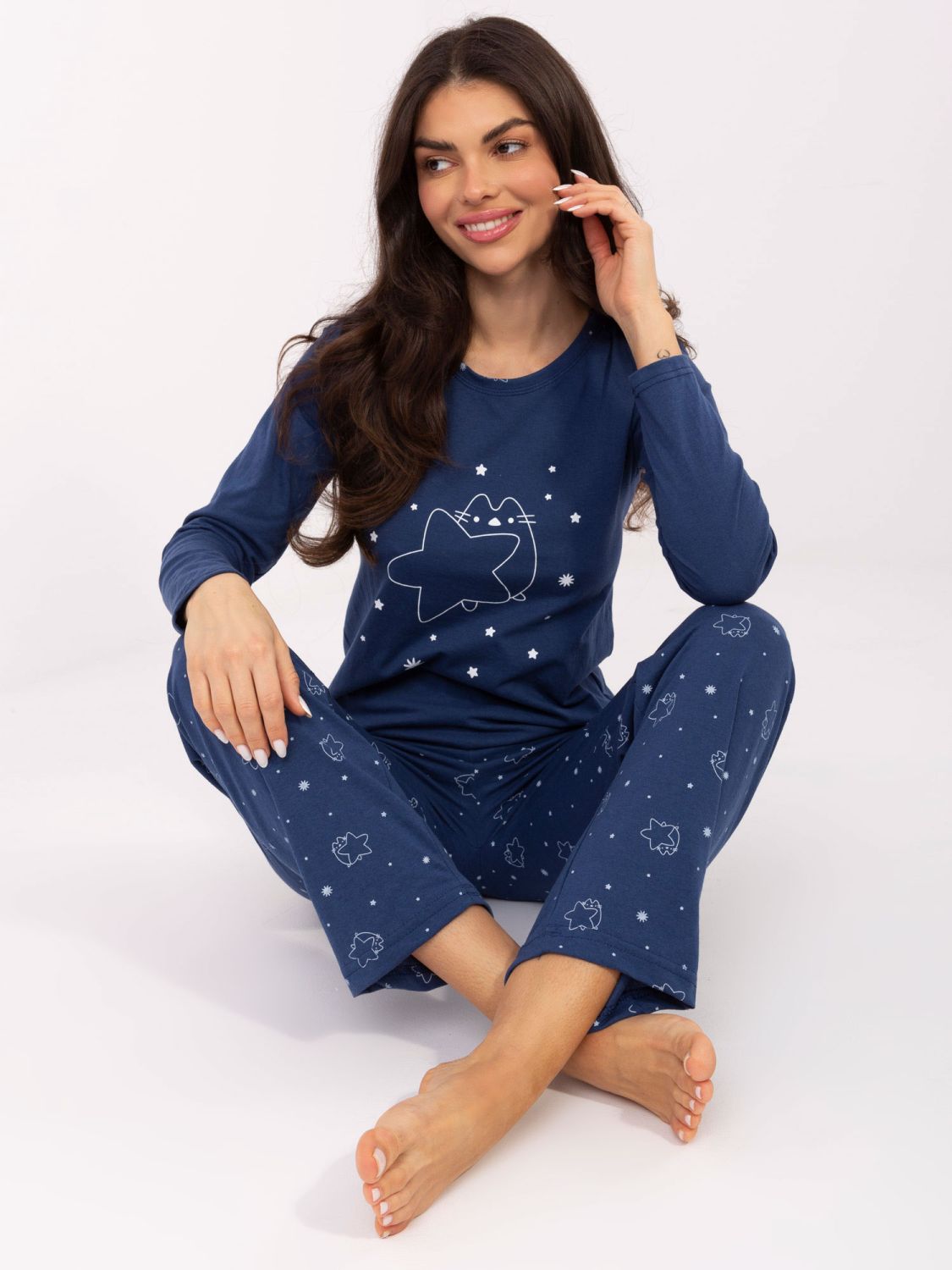 Damen-Pyjama mit langen Ärmeln in Dunkelblau