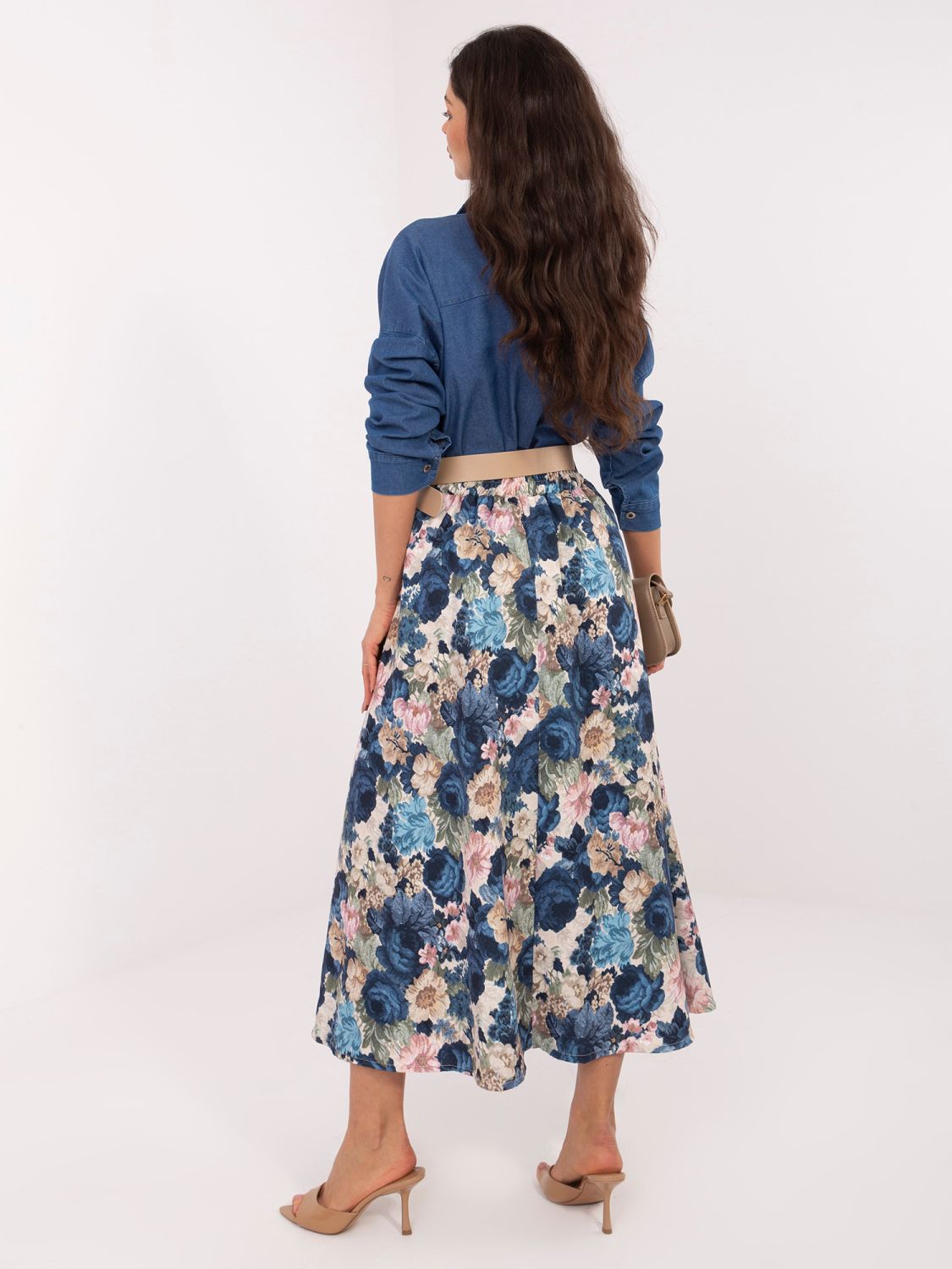 Eleganter Midirock mit Blumenmuster und Gürtel, dunkelblau