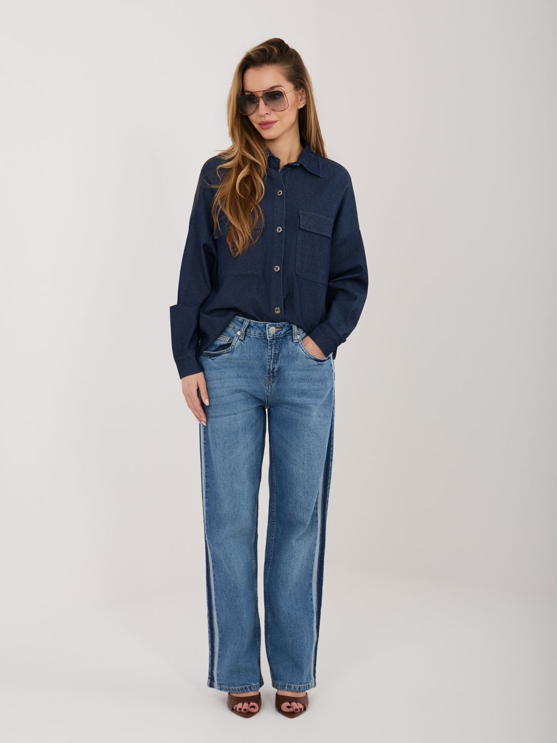 Damen-Jeans mit geradem Bein und Seitenstreifen, dunkelblau