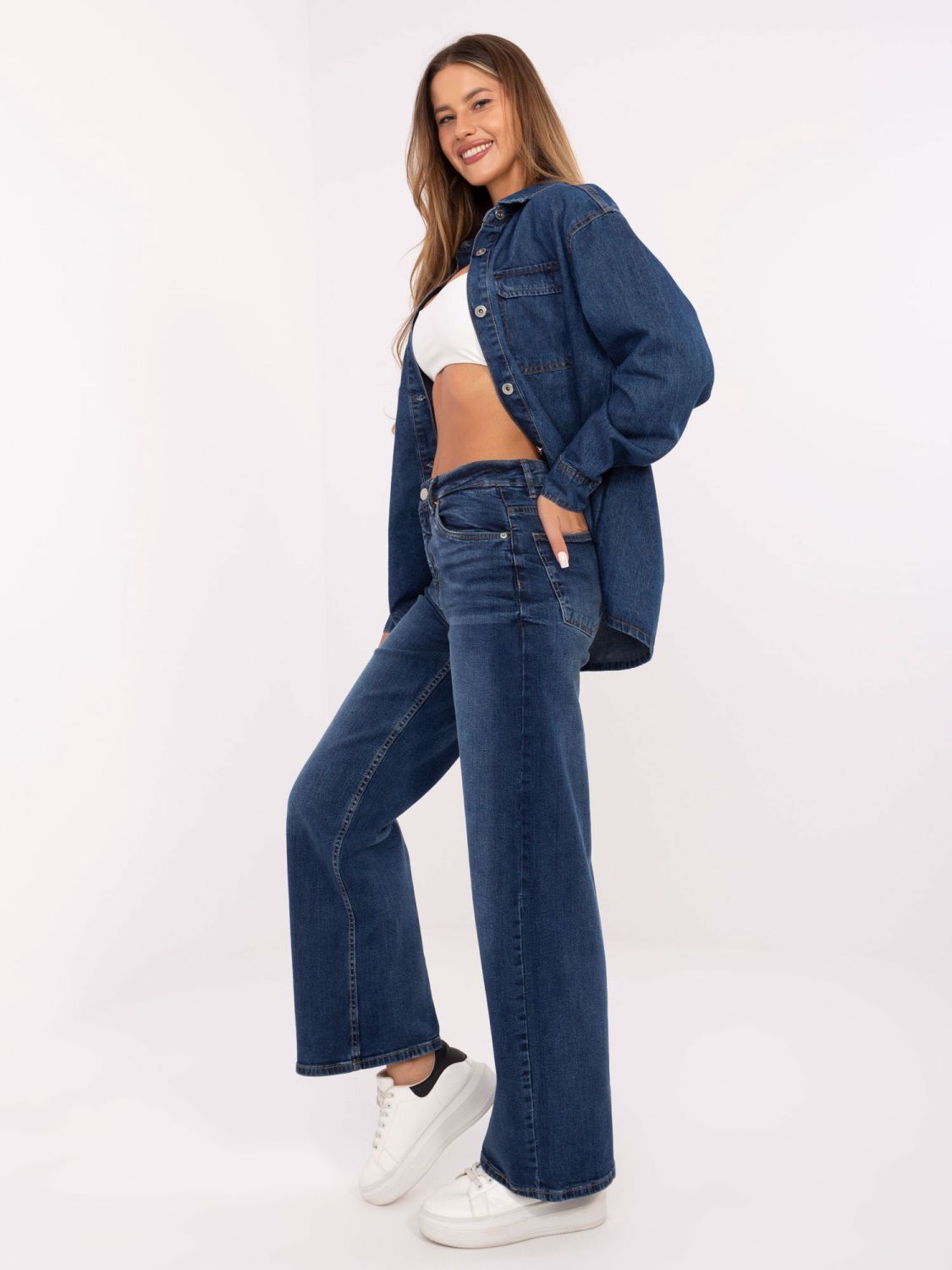 Damen-Jeans mit weitem Bein und hohem Bund – dunkelblau