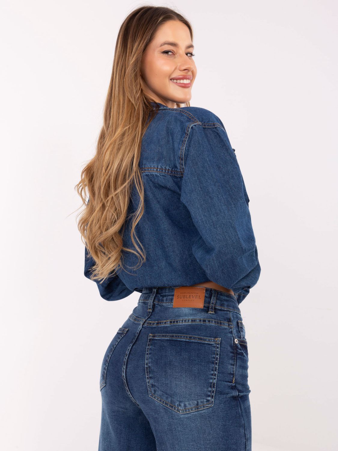 Damen-Jeans mit weitem Bein und hohem Bund – dunkelblau