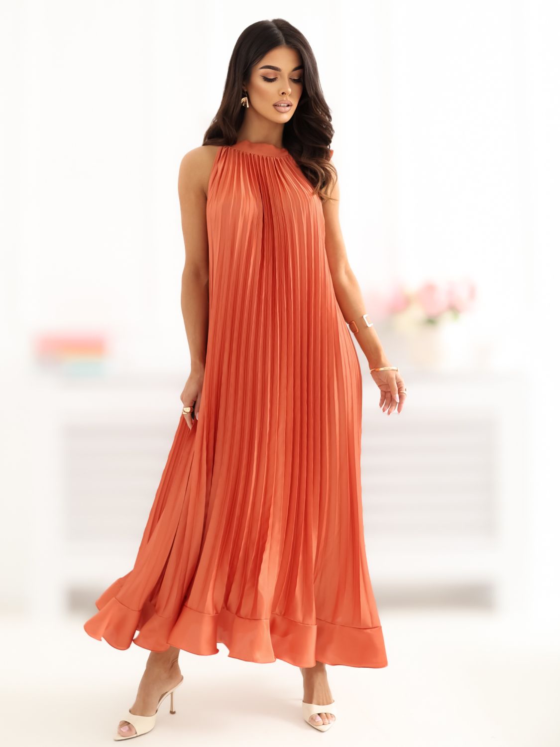 Oranges Midi-Cocktailkleid ohne Ärmel