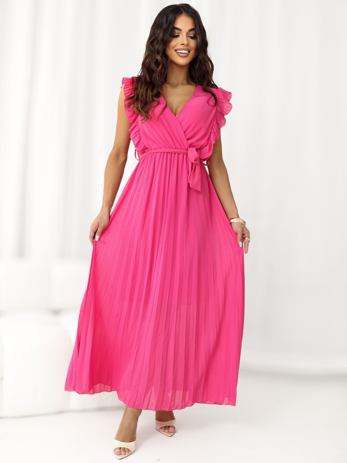 Ausgestelltes Midi-Kleid mit Gürtel in Dunkelrosa