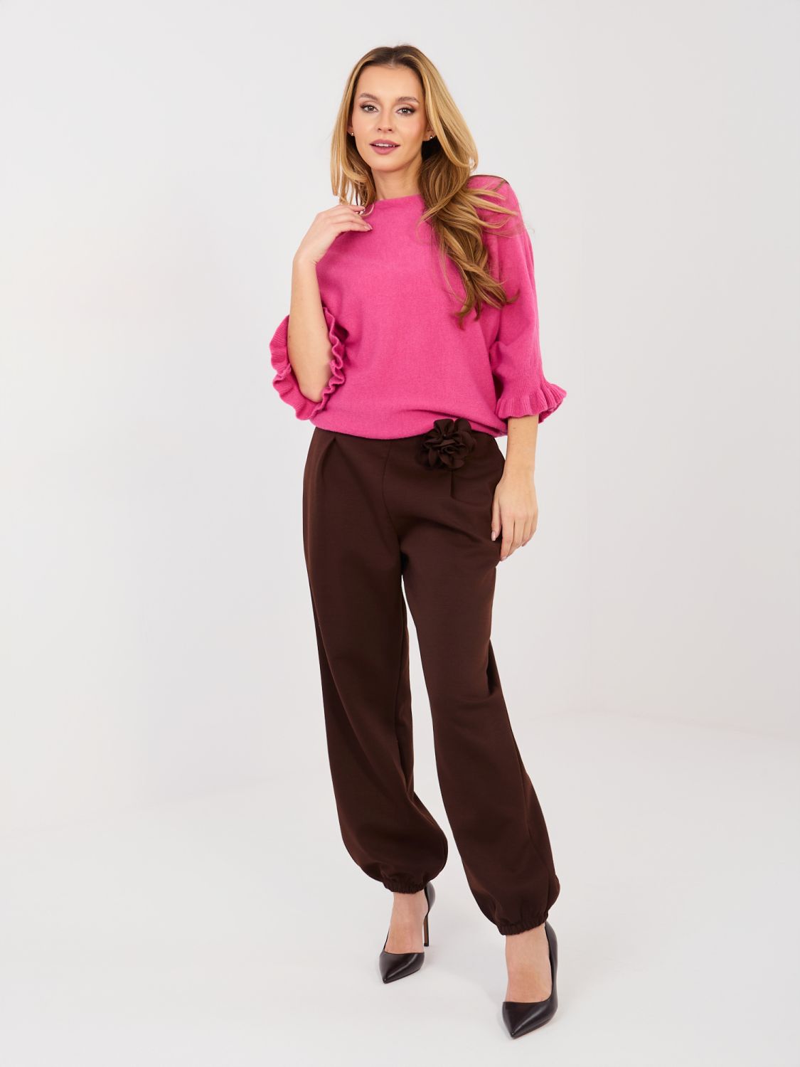 Rosa Pullover mit 3/4-Ärmeln und Volant