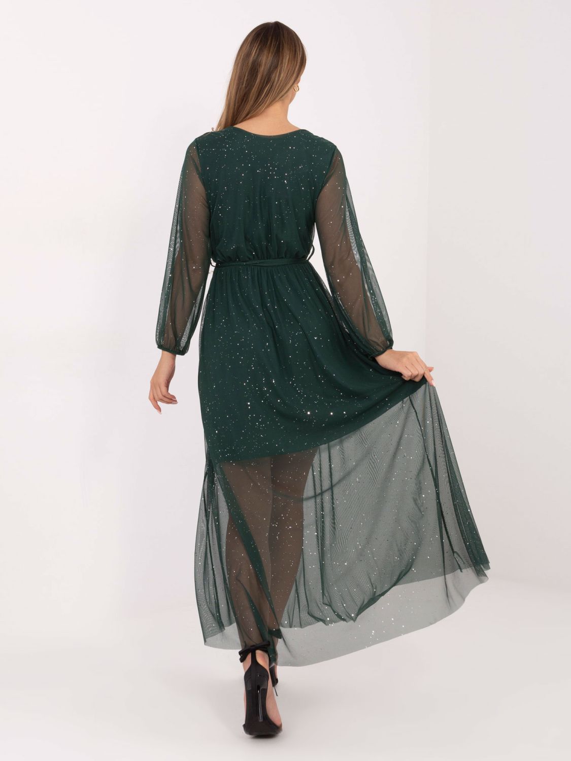 Elegantes Maxi-Kleid mit Applikation und Gürtel, dunkelgrün